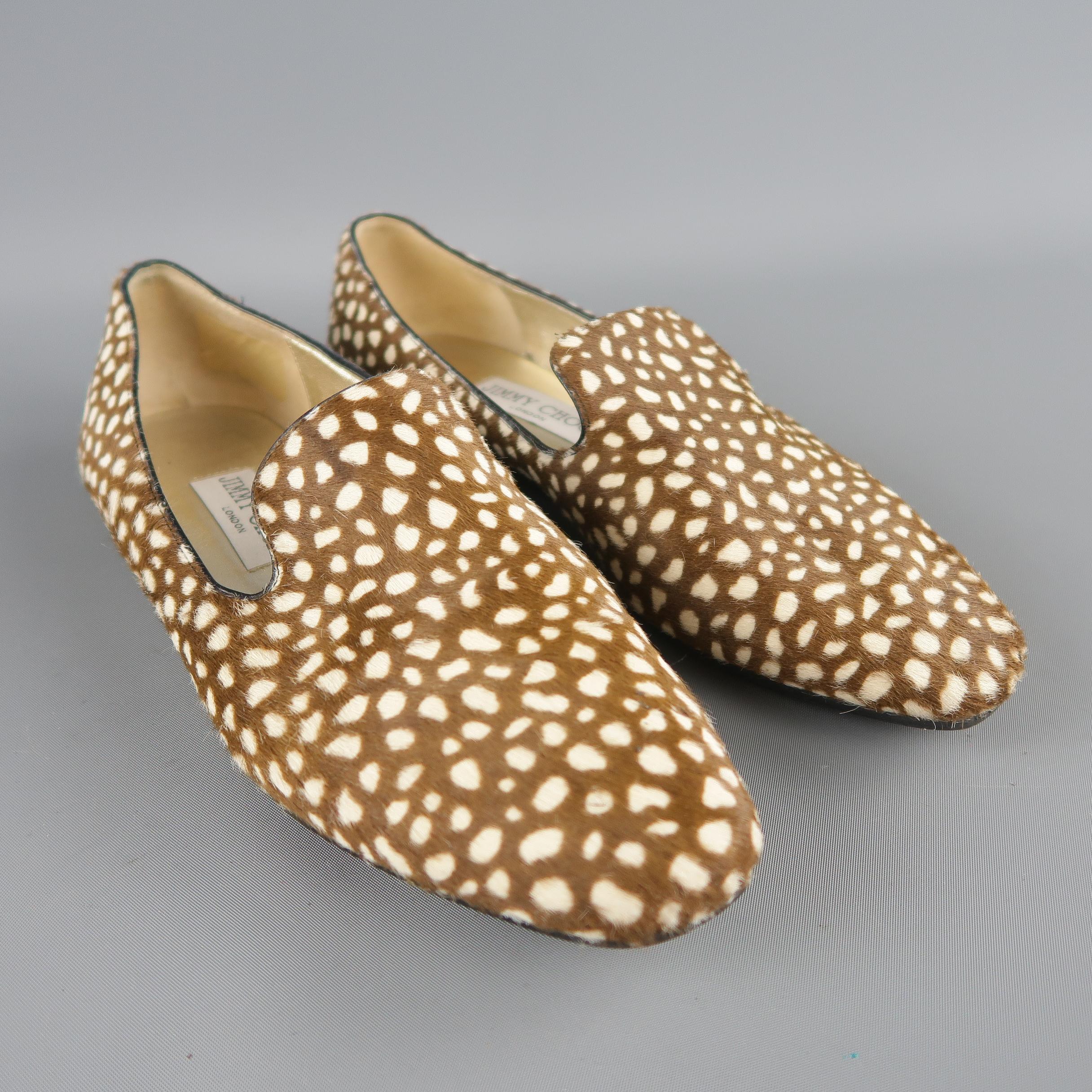 JIMMY CHOO loafer flats come in light brown and beige animal spotted pony hair with a rubber sole. Made in Italy.
 
Excellent Pre-Owned Condition. Retails: 
Marked: IT 36.5