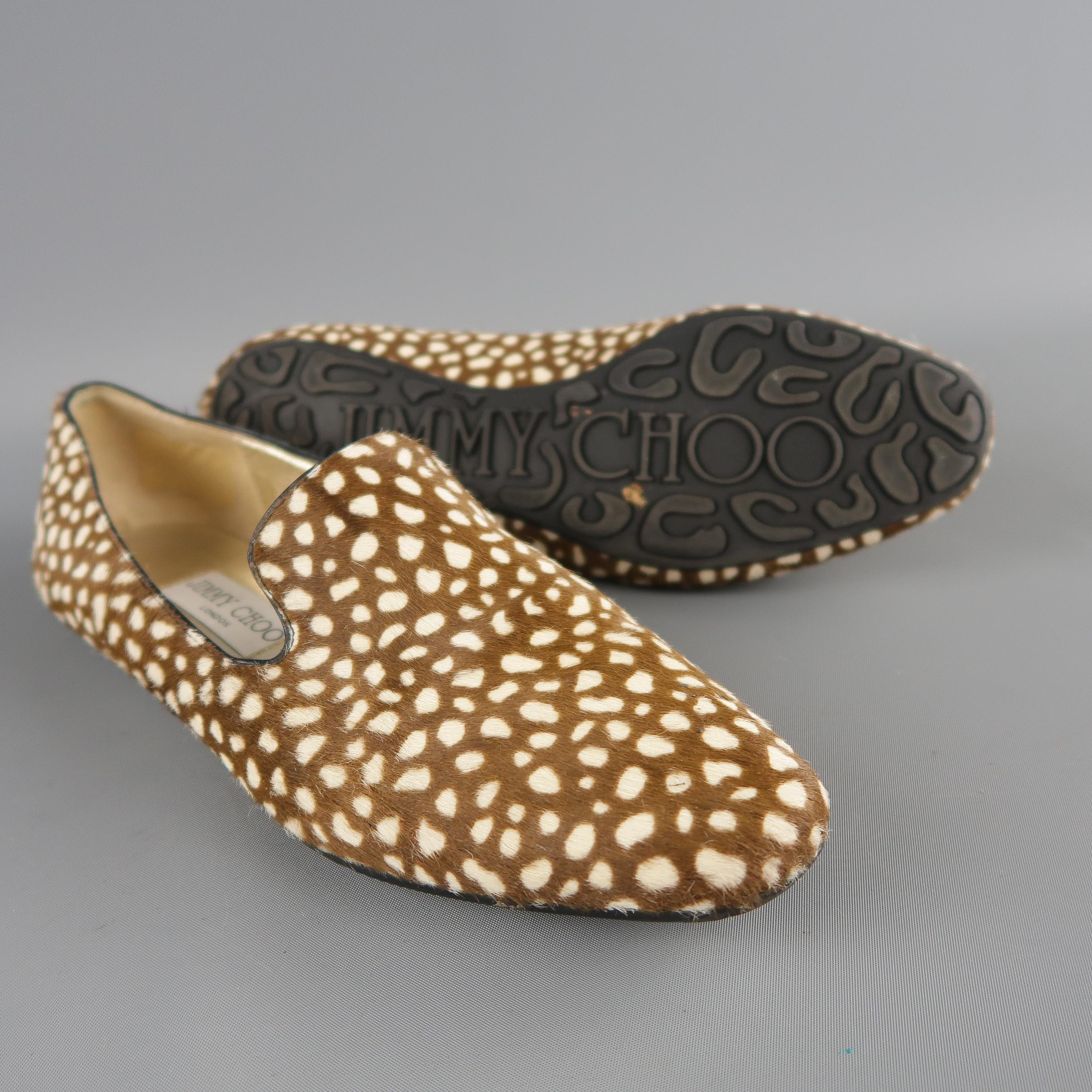 JIMMY CHOO Size 6.5 Brown & Cream Animal Spotted Pony Hair Loafer Flats In Excellent Condition In San Francisco, CA