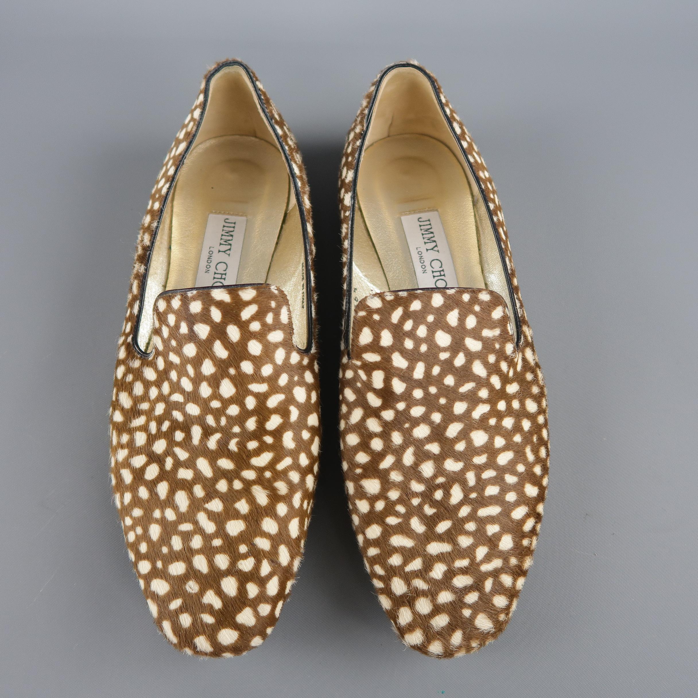 Women's JIMMY CHOO Size 6.5 Brown & Cream Animal Spotted Pony Hair Loafer Flats