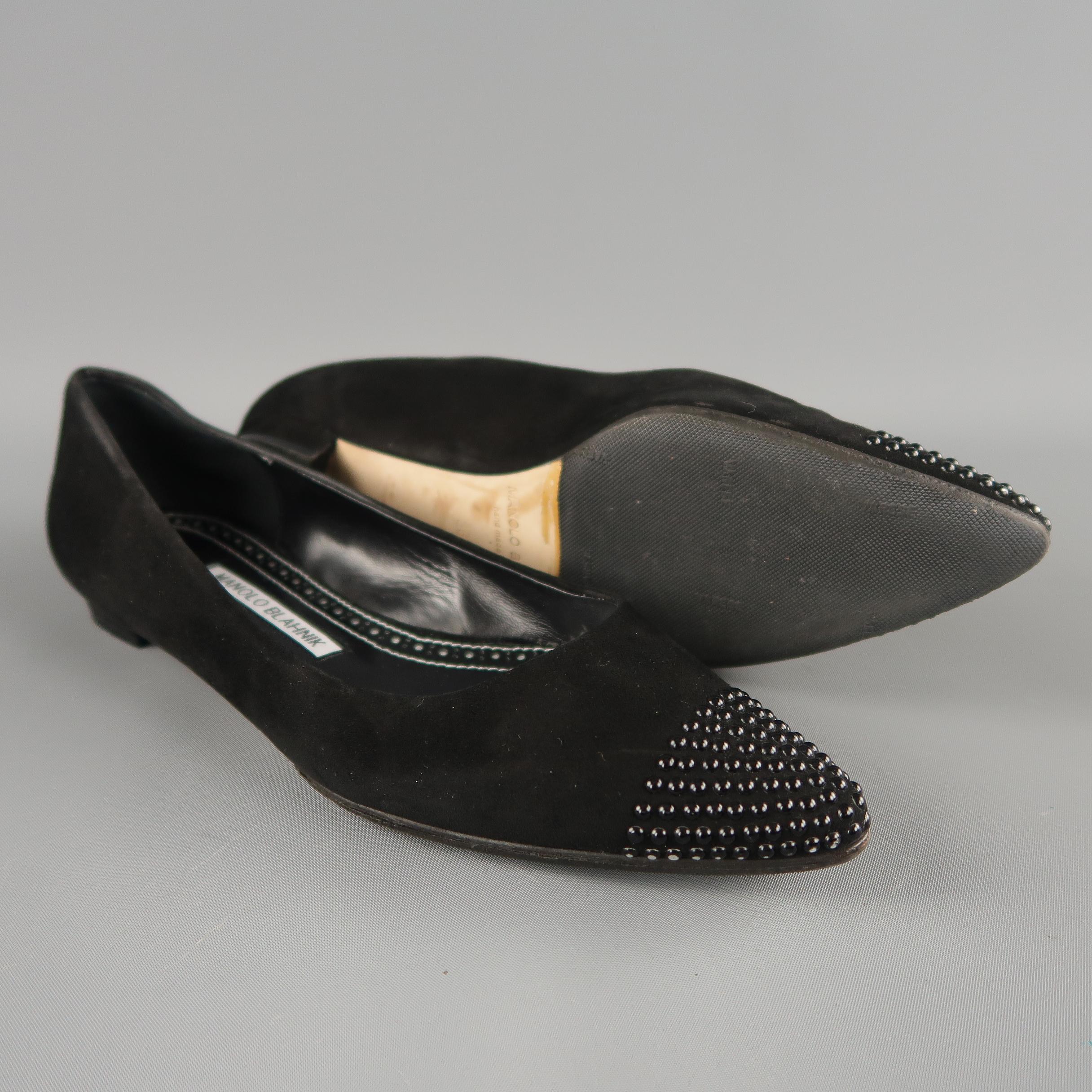 MANOLO BLAHNIK Size 6.5 Black Suede Studded Pointed Toe Cap Flats In Excellent Condition In San Francisco, CA
