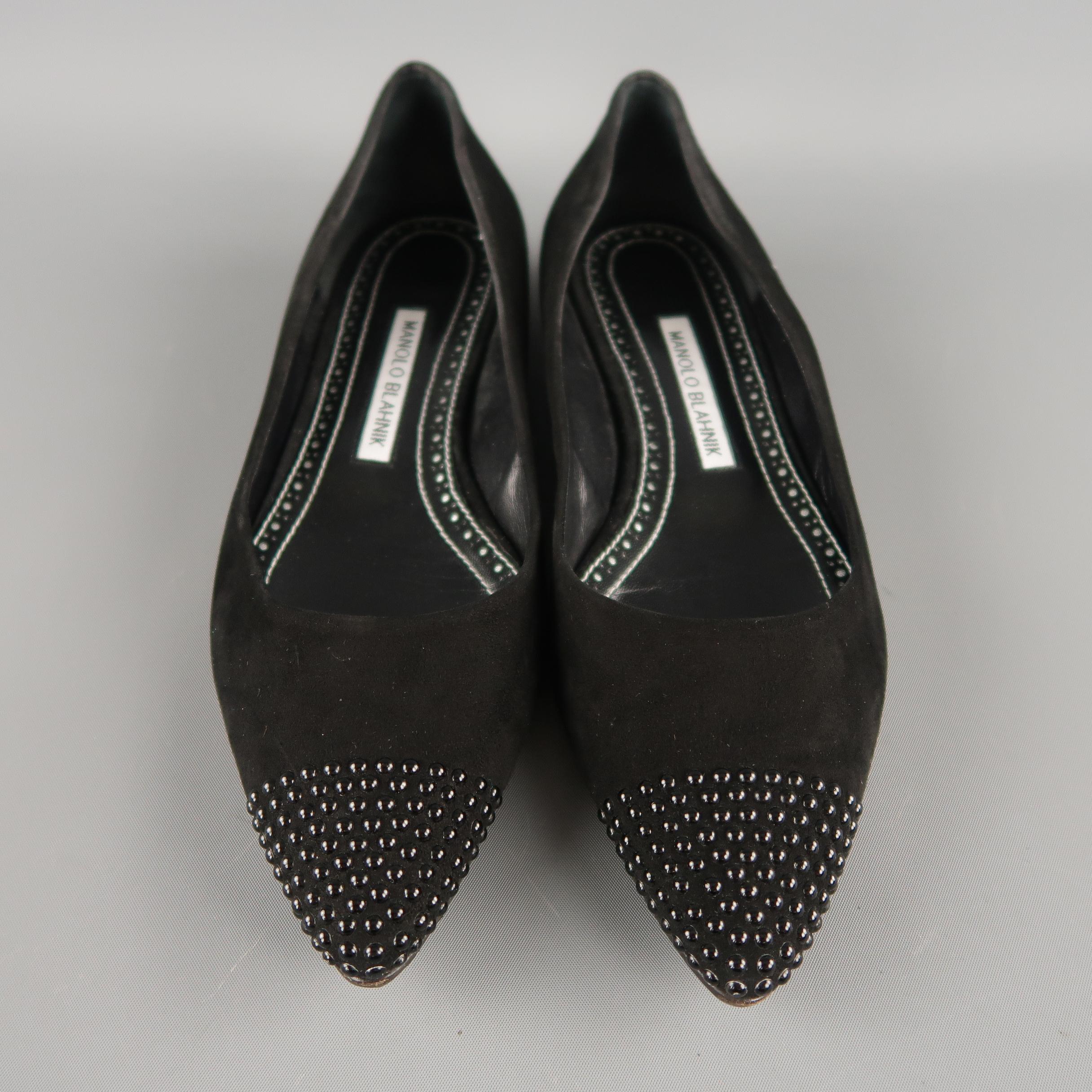 Women's MANOLO BLAHNIK Size 6.5 Black Suede Studded Pointed Toe Cap Flats