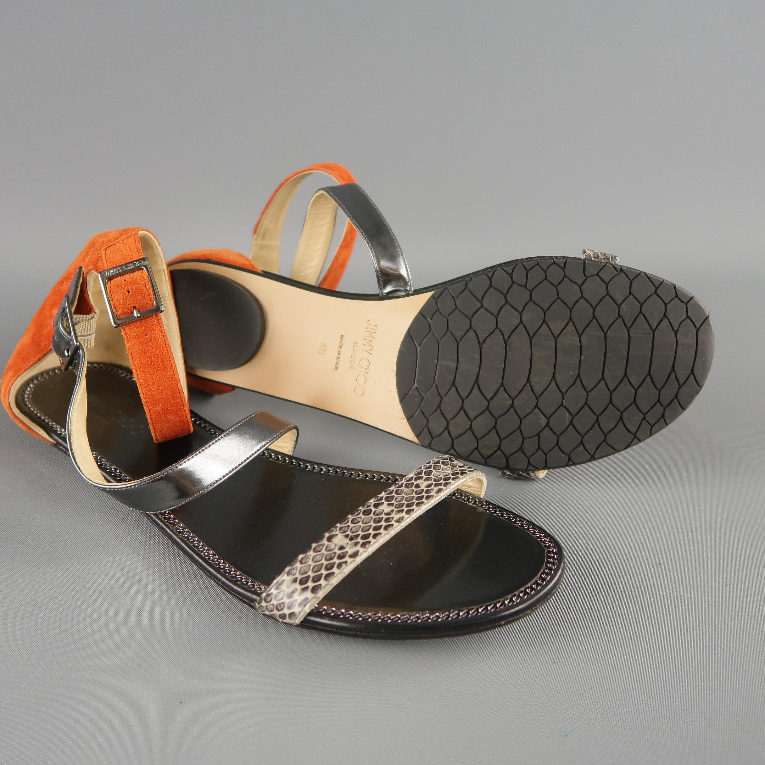 JIMMY CHOO Size 10 Orange Suede & Snake Skin Flat Sandals In New Condition In San Francisco, CA