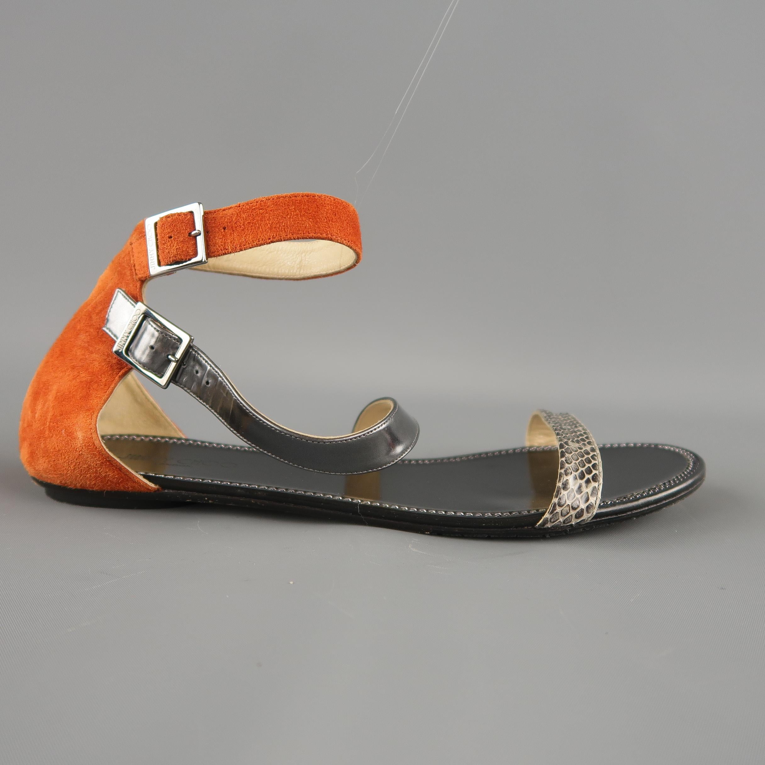 Women's JIMMY CHOO Size 10 Orange Suede & Snake Skin Flat Sandals
