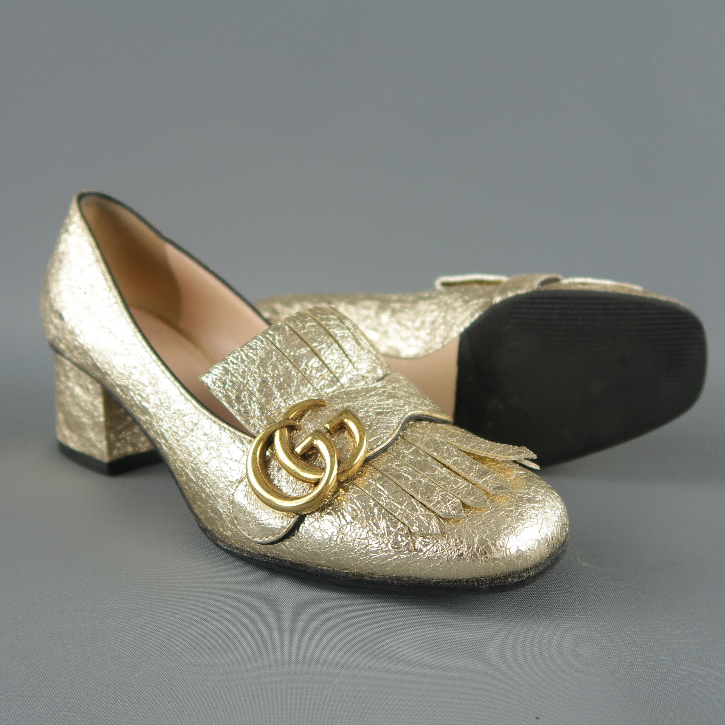 GUCCI Size 6.5 Gold Crackled Leather MARMONT GG Eyelash Loafers In Excellent Condition In San Francisco, CA