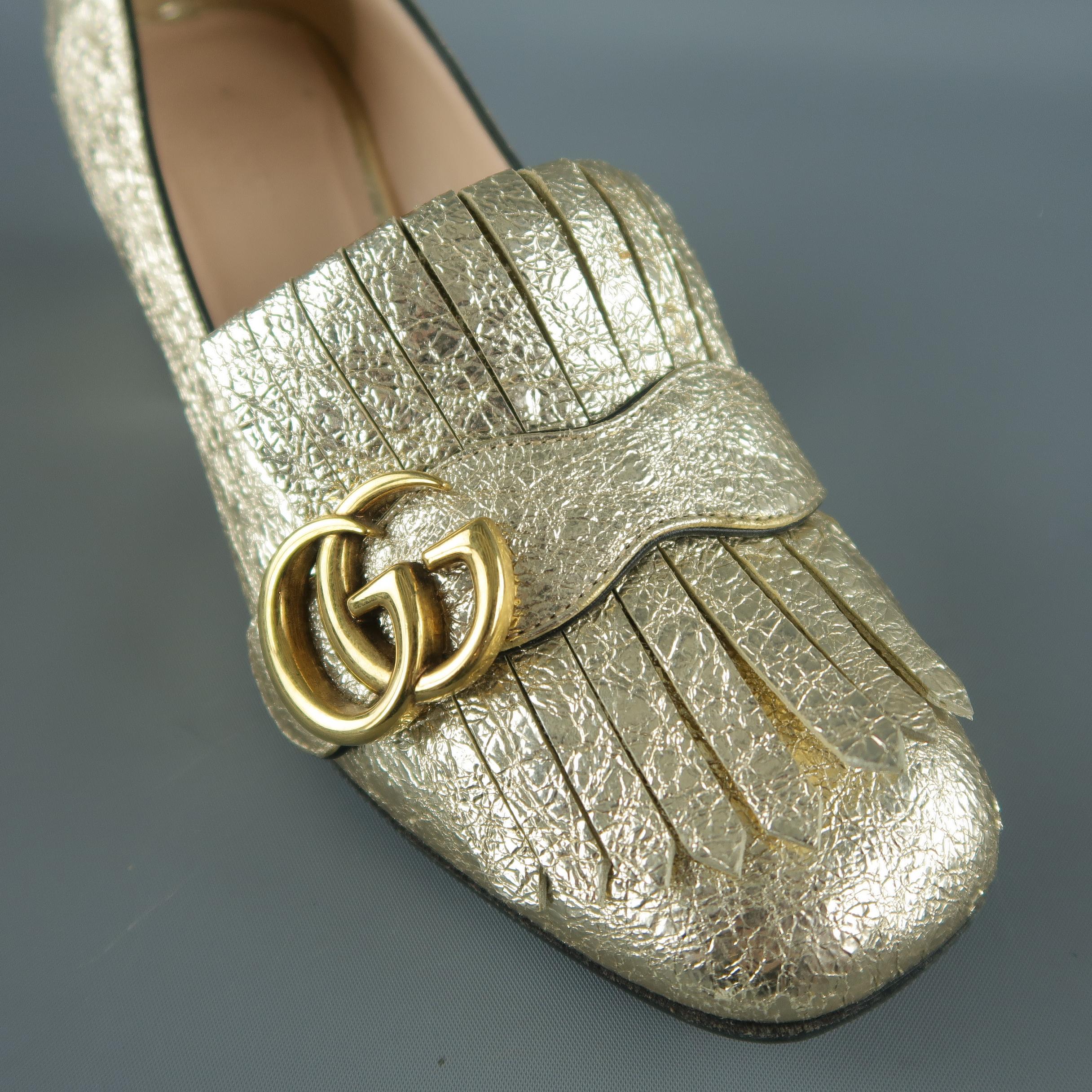 Women's GUCCI Size 6.5 Gold Crackled Leather MARMONT GG Eyelash Loafers
