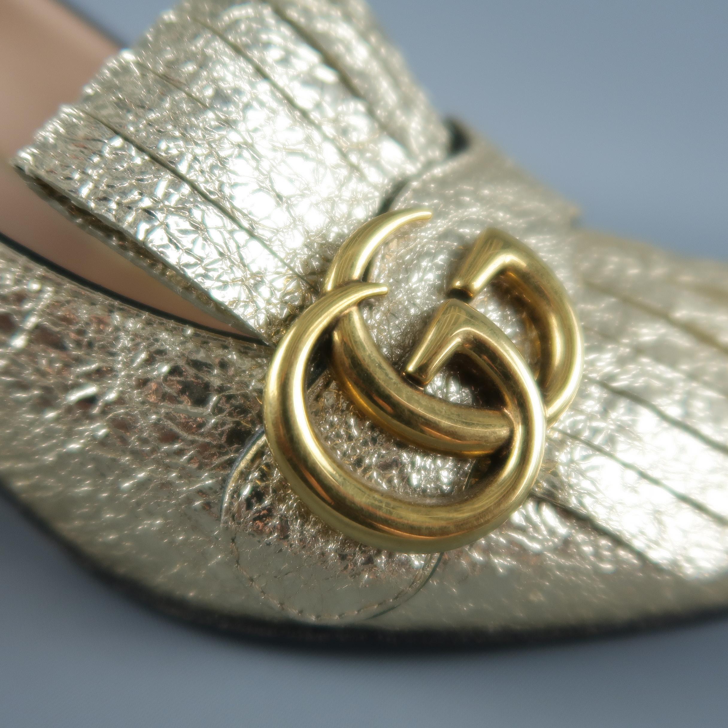 GUCCI Size 6.5 Gold Crackled Leather MARMONT GG Eyelash Loafers 1