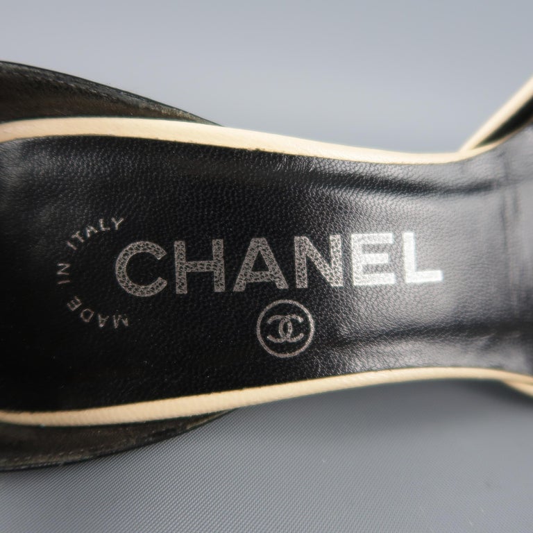 CHANEL Size 6 Black and Beige Leather Silver Kitten Heel Ankle Strap ...