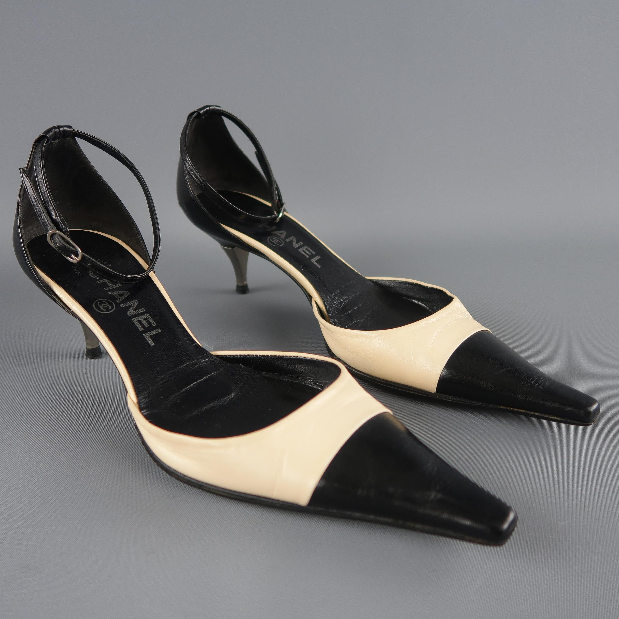 CHANEL Size 6 Black & Beige Leather Silver Kitten Heel Ankle Strap Pumps In Good Condition In San Francisco, CA