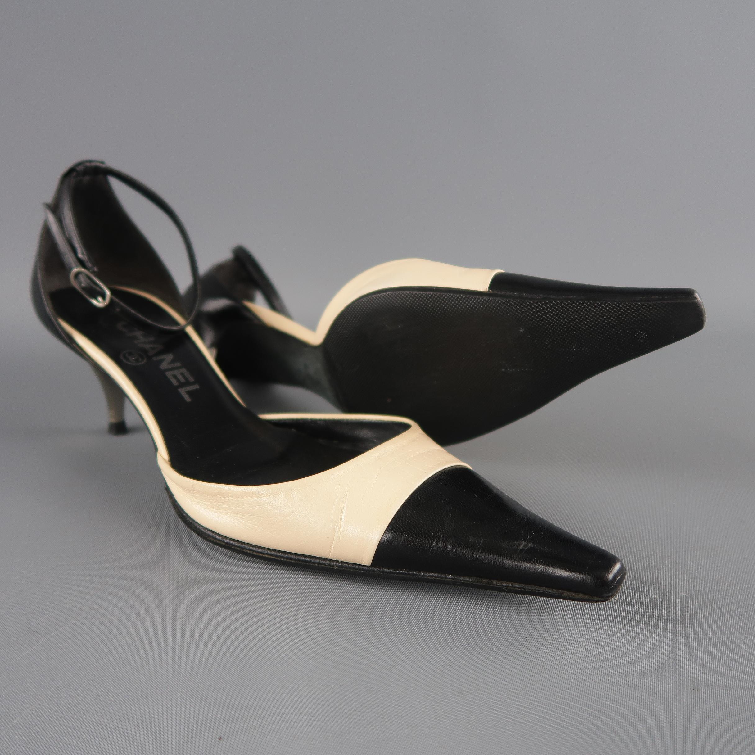 Women's CHANEL Size 6 Black & Beige Leather Silver Kitten Heel Ankle Strap Pumps