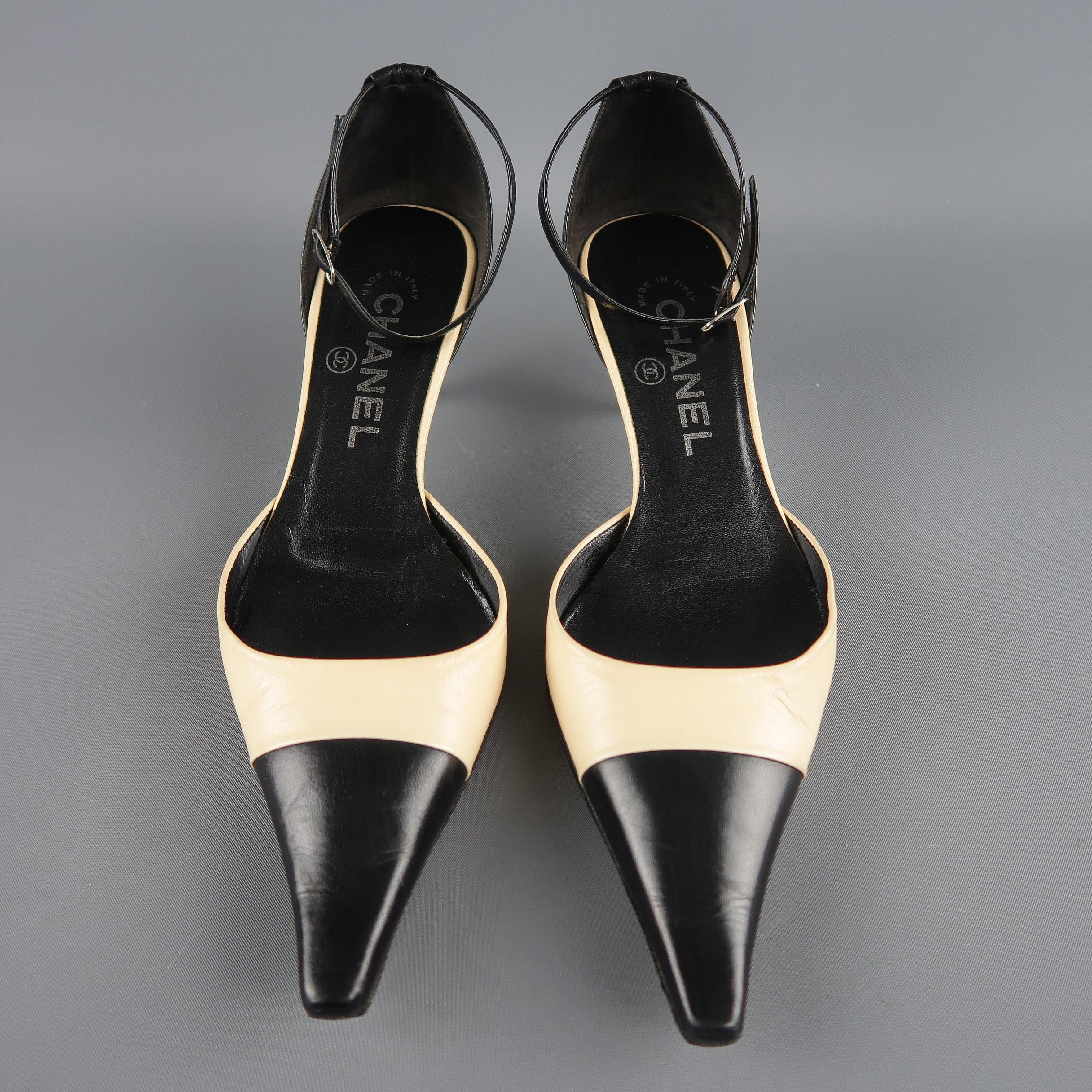 CHANEL Size 6 Black & Beige Leather Silver Kitten Heel Ankle Strap Pumps 1