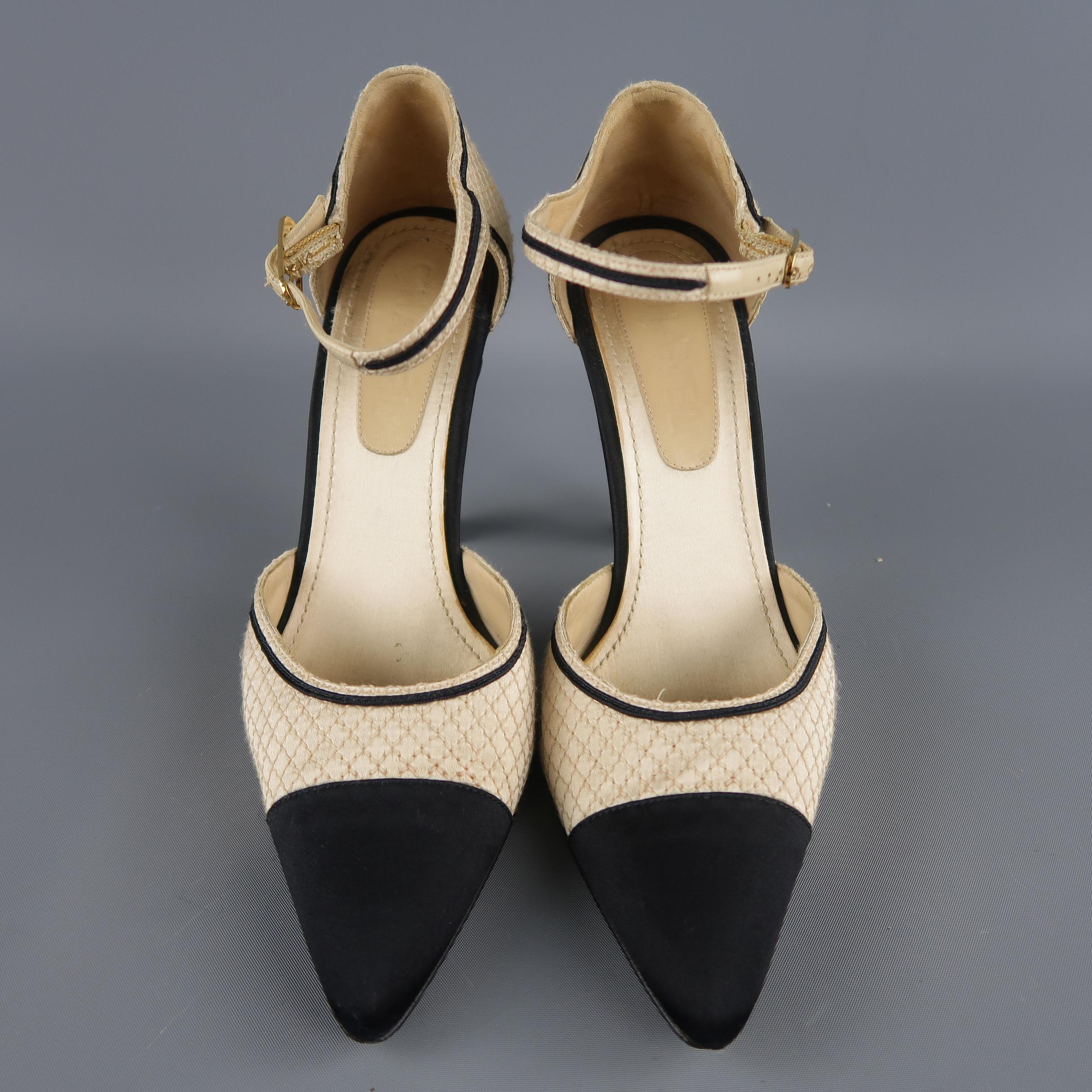 CHANEL Size 7 Black & Beige Quilted Silk Pointed Toe Cap Mary Jane Pumps In Good Condition In San Francisco, CA