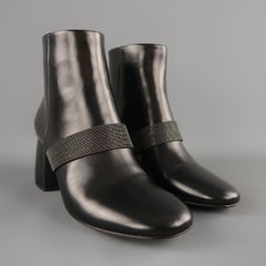 BRUNELLO CUCINELLI Size 6.5 Black Leather Monili Chain Strap Chunky Ankle Boots