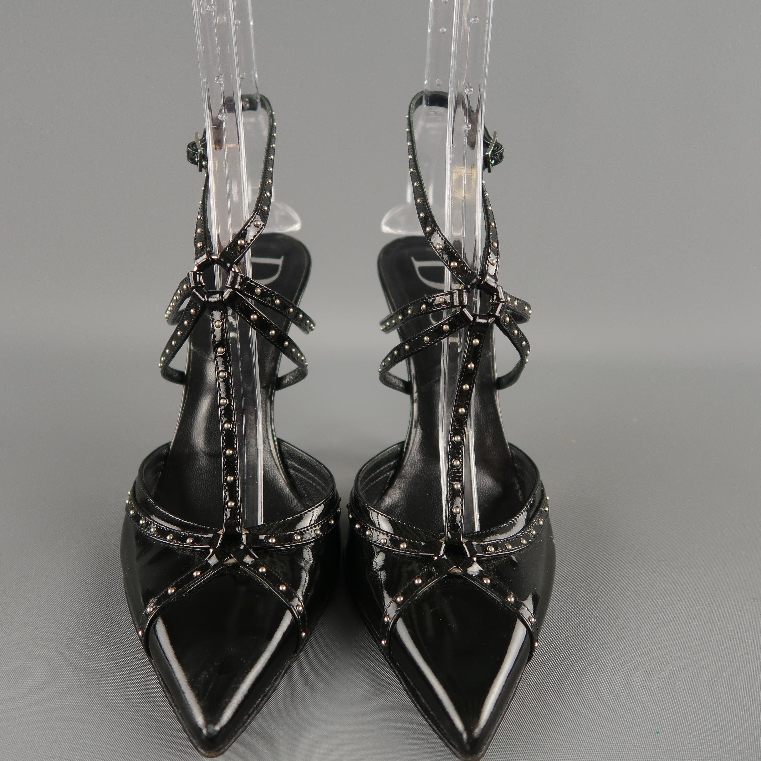 DIOR Size 8.5 Black Patent Leather Studded Bondage Harness Metal Heel Pumps In Excellent Condition In San Francisco, CA
