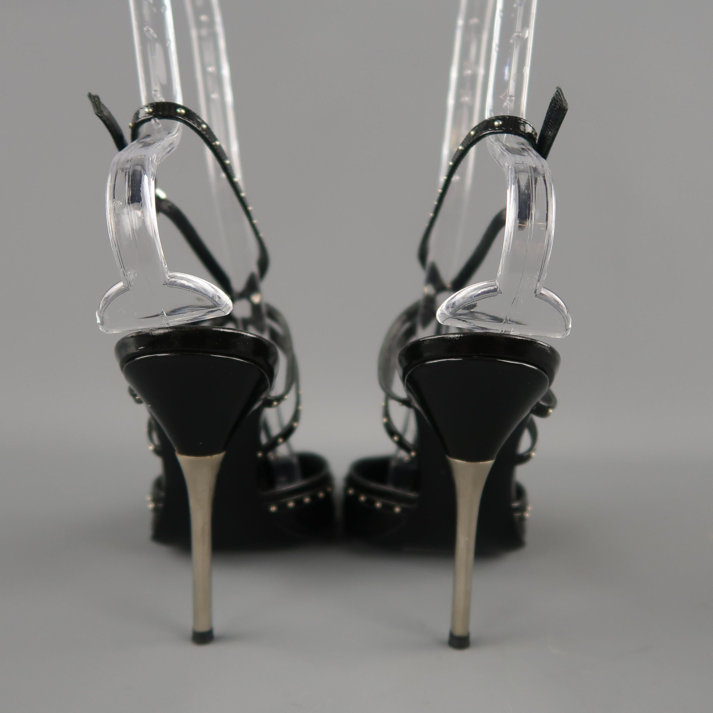 DIOR Size 8.5 Black Patent Leather Studded Bondage Harness Metal Heel Pumps 2