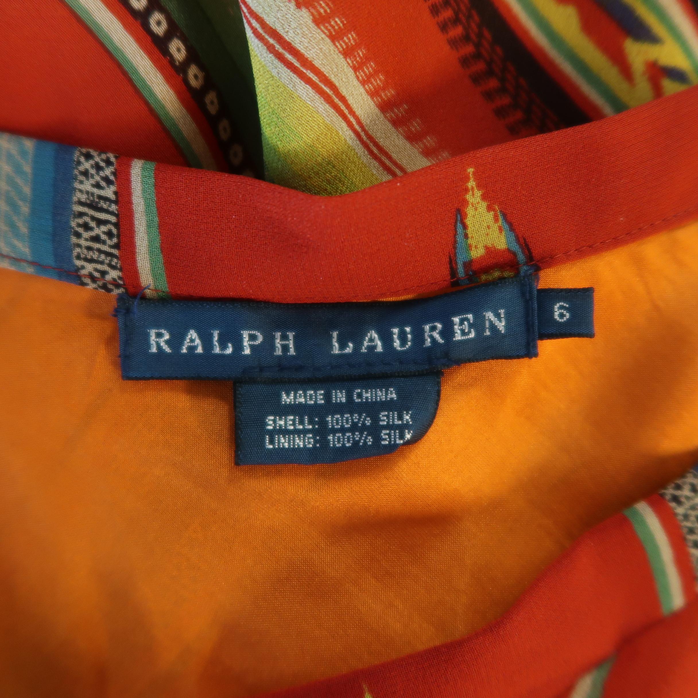 RALPH LAUREN Size 6 Red Orange Mexican Serape Print Silk A Line Maxi Skirt 4