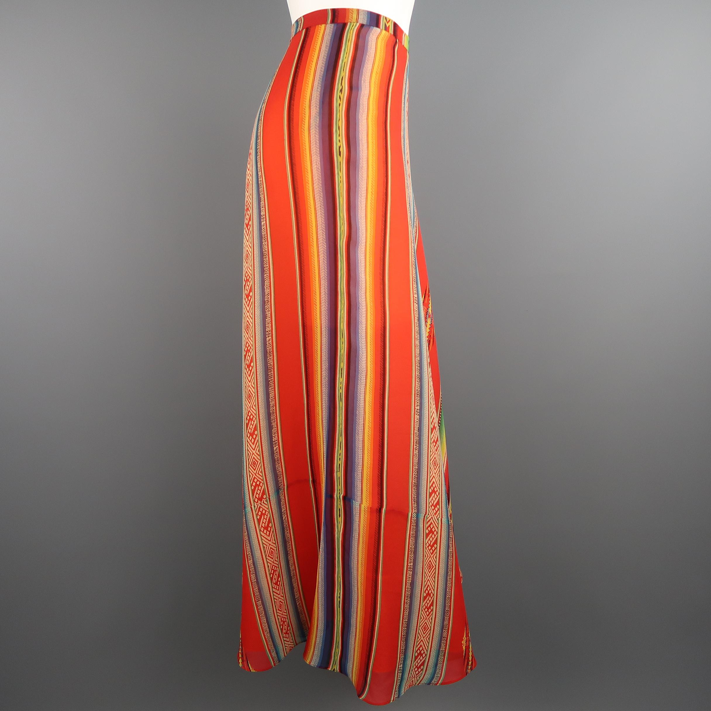 Women's RALPH LAUREN Size 6 Red Orange Mexican Serape Print Silk A Line Maxi Skirt