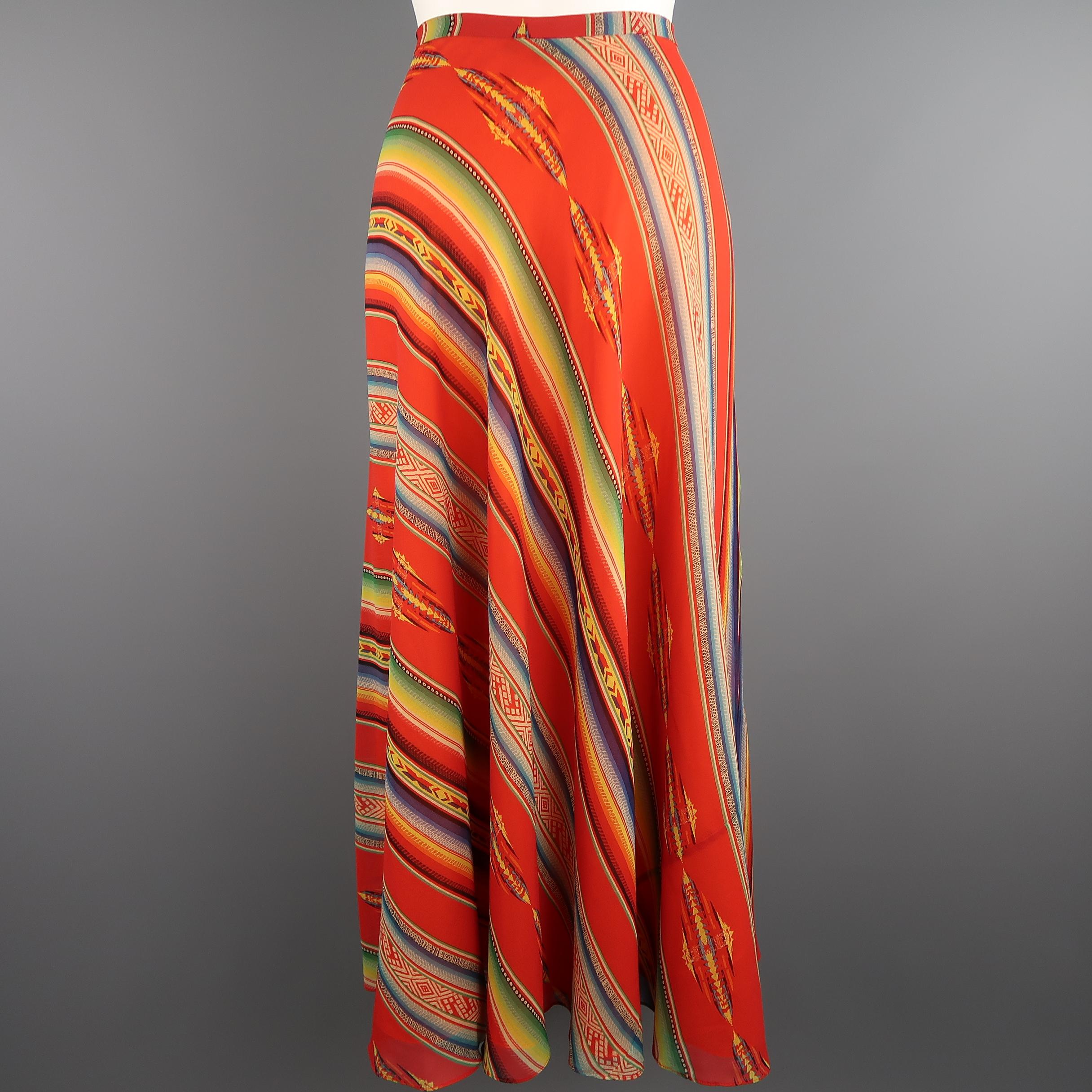 RALPH LAUREN Size 6 Red Orange Mexican Serape Print Silk A Line Maxi Skirt 2