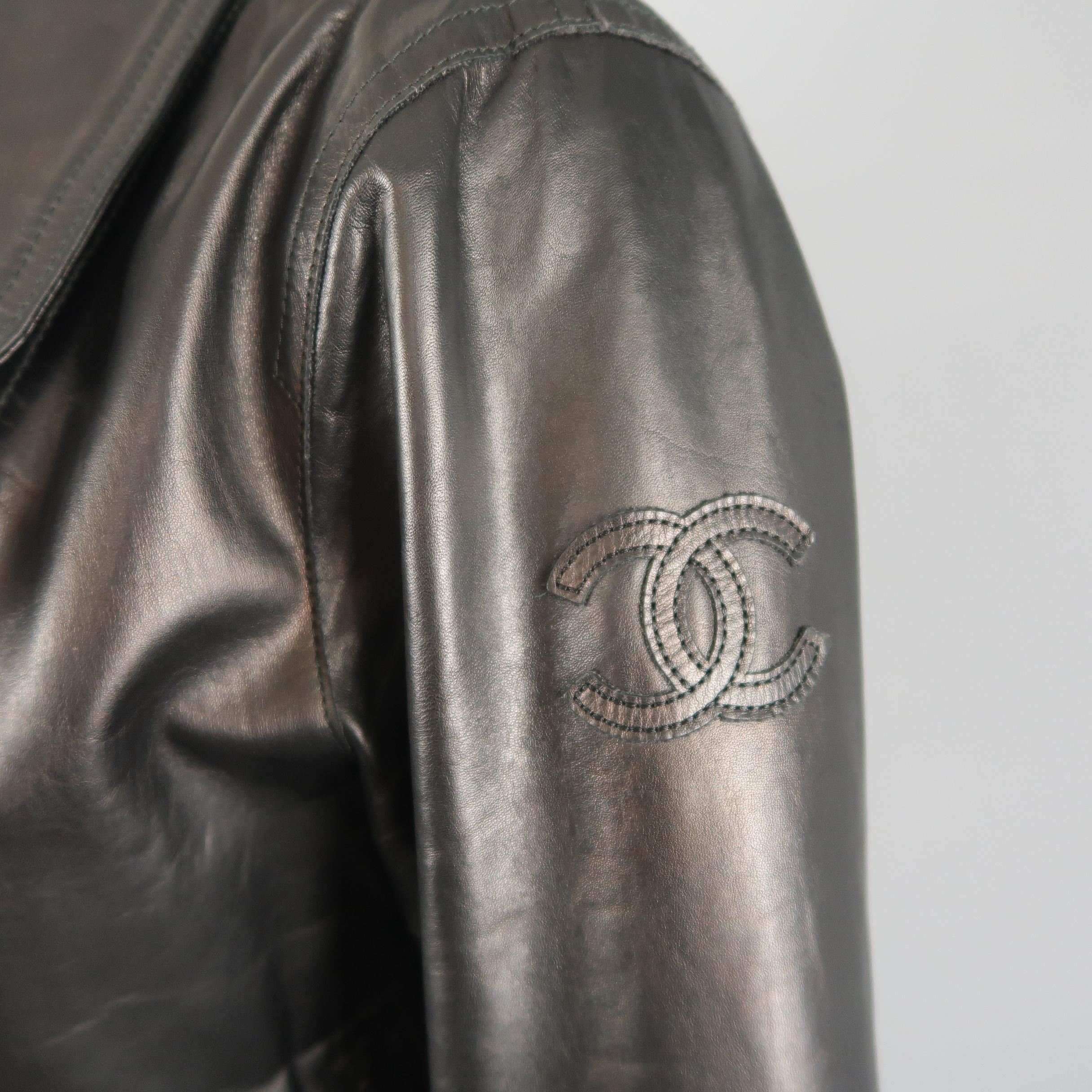 Women's CHANEL Leather Jacket - Size 10 Black Quilted Leather CC Zip Motorcycle Jacket
