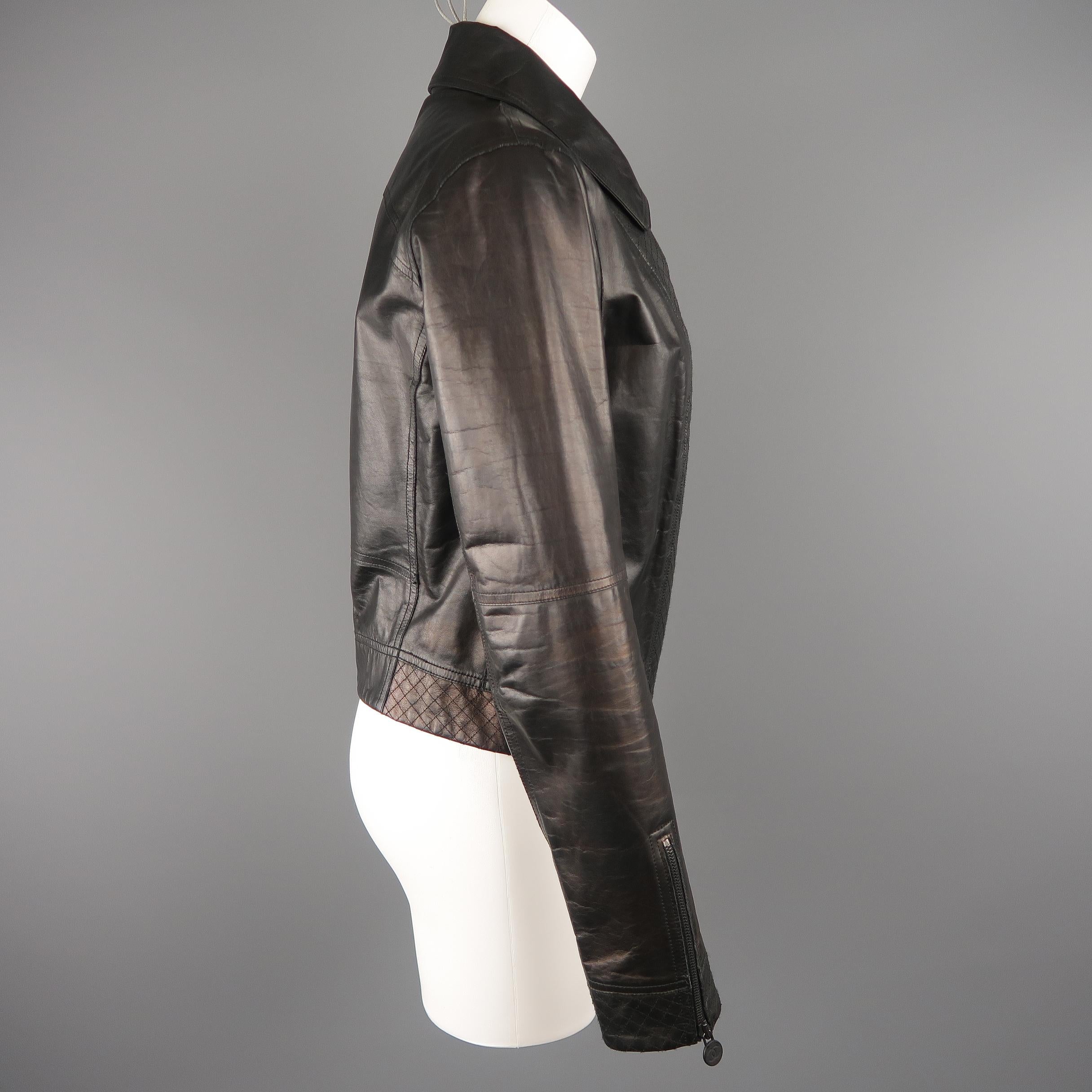 CHANEL Leather Jacket - Size 10 Black Quilted Leather CC Zip Motorcycle Jacket 2