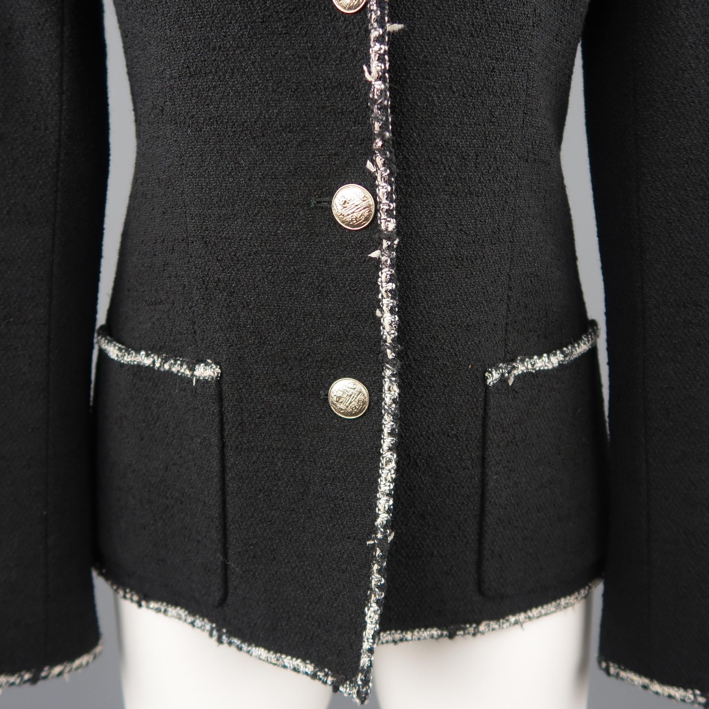 Women's CHANEL Size 6 Black Wool Blend Boucle Trim No. 5 Blazer Jacket