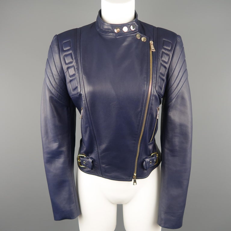 RALPH LAUREN Size 8 Navy Leather Padded Motorcycle Jacket at 1stDibs