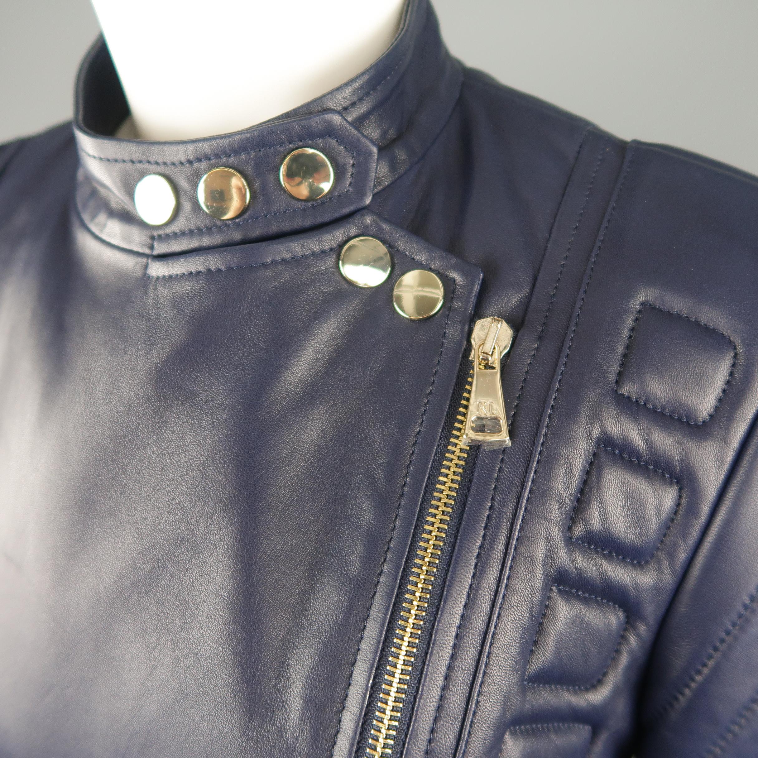 RALPH LAUREN Size 8 Navy Leather Padded Motorcycle Jacket In New Condition In San Francisco, CA