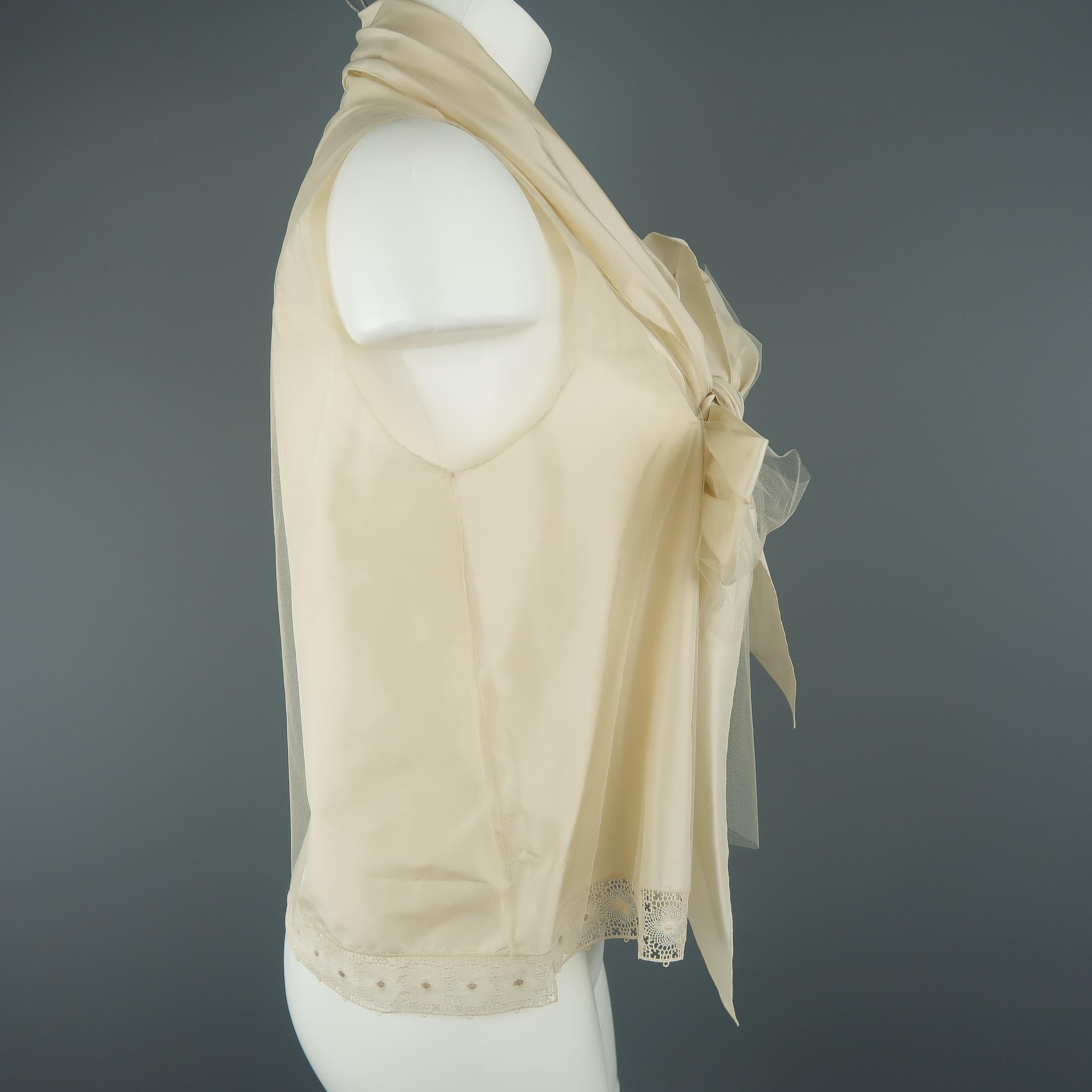 OSCAR DE LA RENTA Size 8 Beige Silk Blend Tulle Overlay Oversized Bow Blouse 2