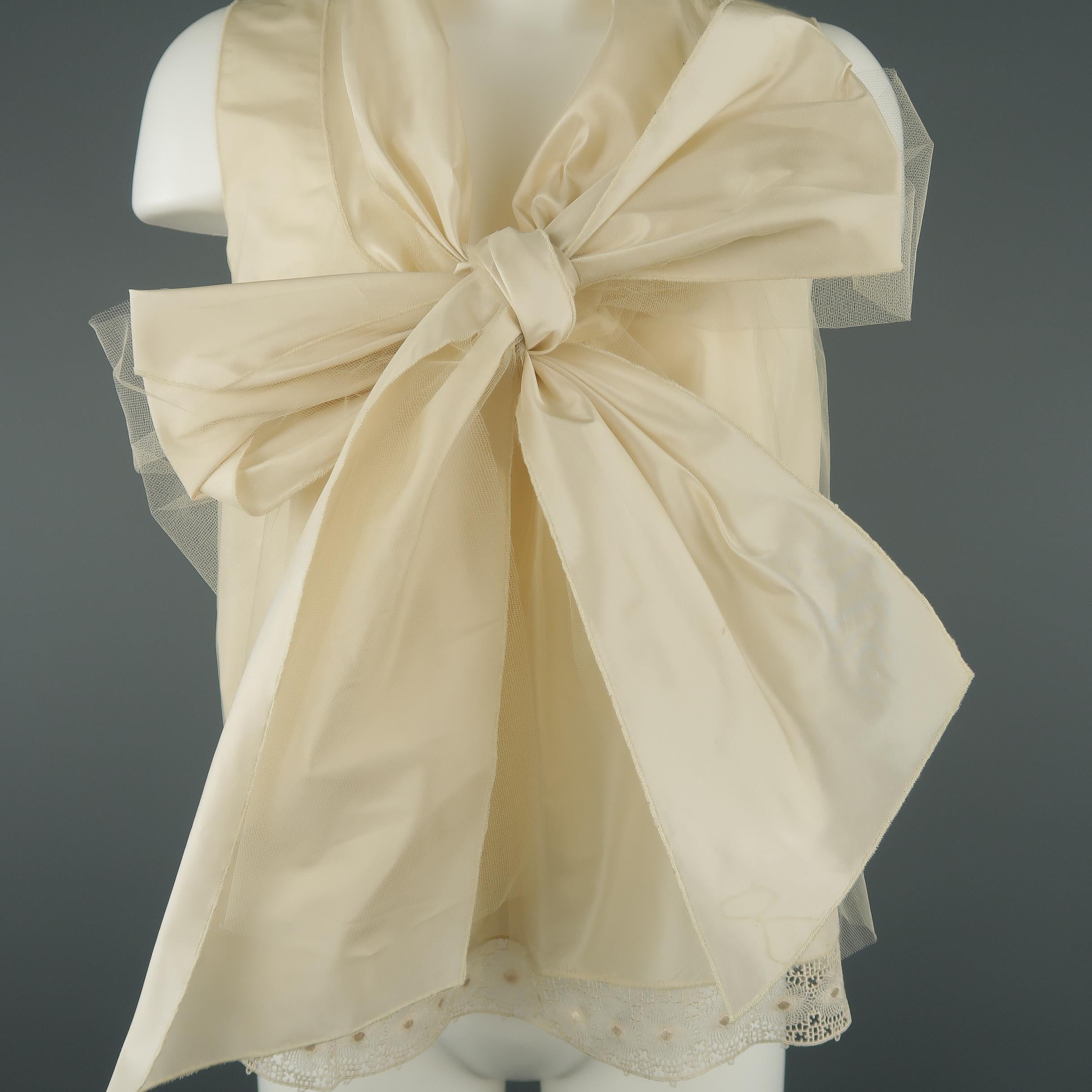 Women's OSCAR DE LA RENTA Size 8 Beige Silk Blend Tulle Overlay Oversized Bow Blouse