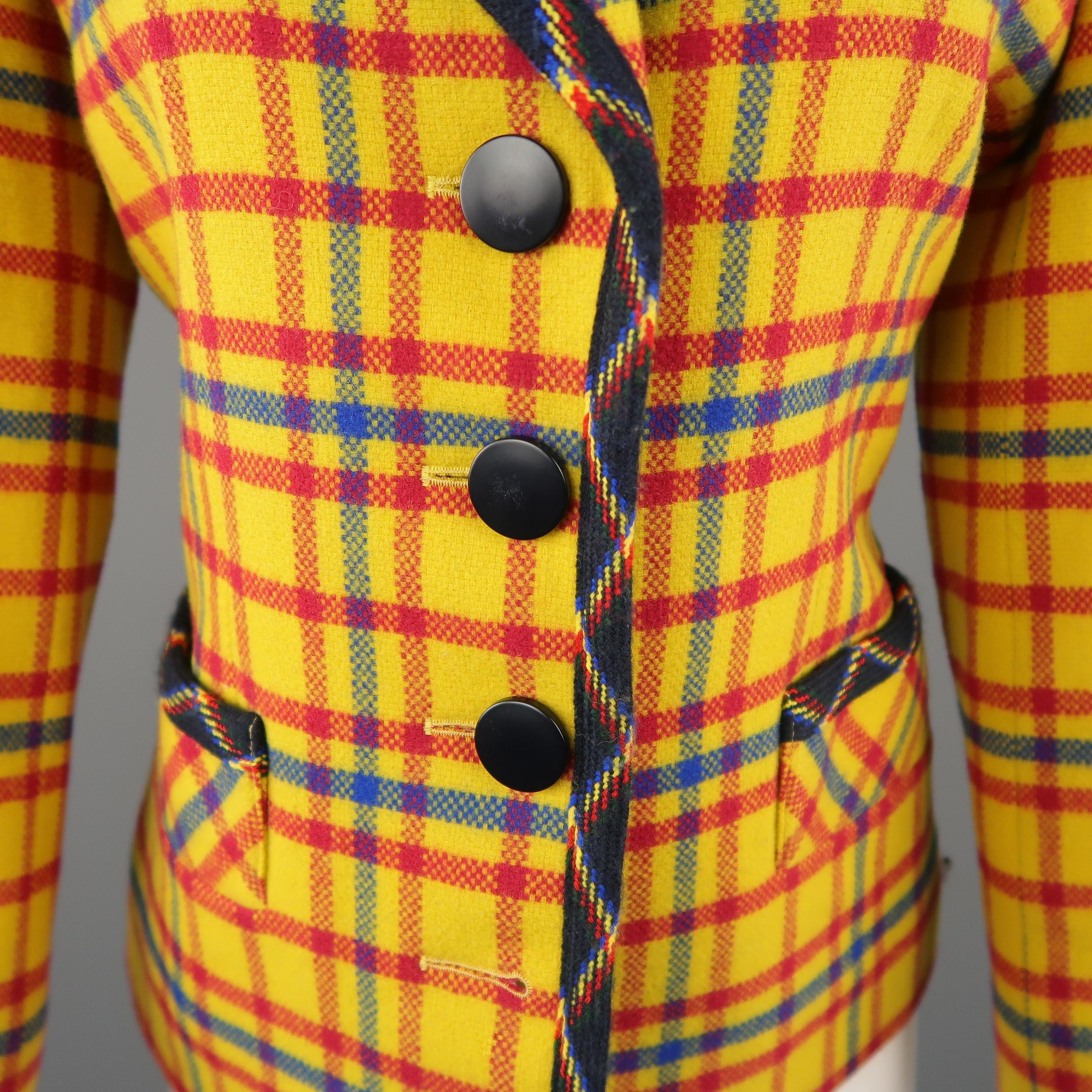 Vintage YVES SAINT LAURENT Size 6 Yellow Red & Blue Plaid Wool Collarless Jacket In Excellent Condition In San Francisco, CA