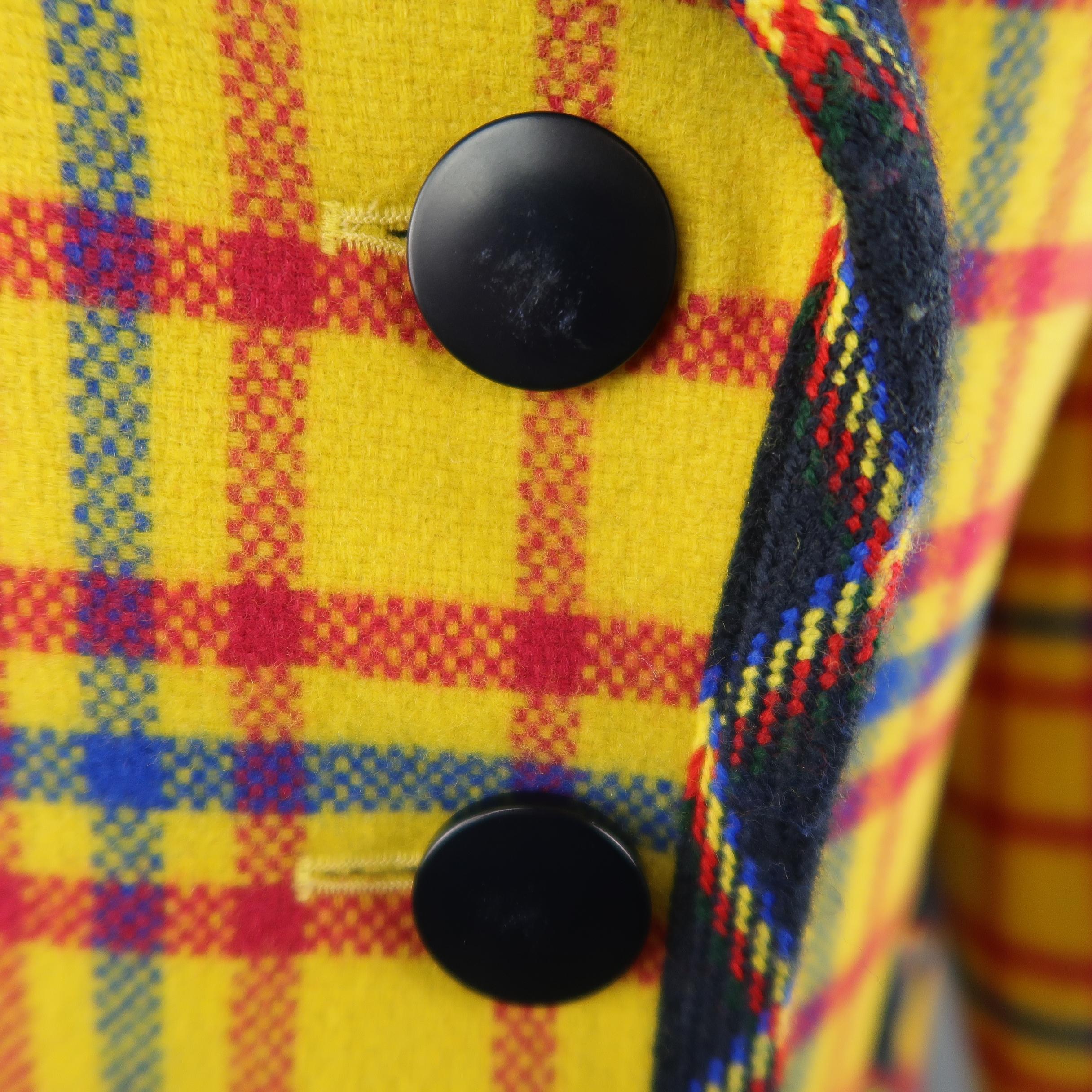 Women's Vintage YVES SAINT LAURENT Size 6 Yellow Red & Blue Plaid Wool Collarless Jacket