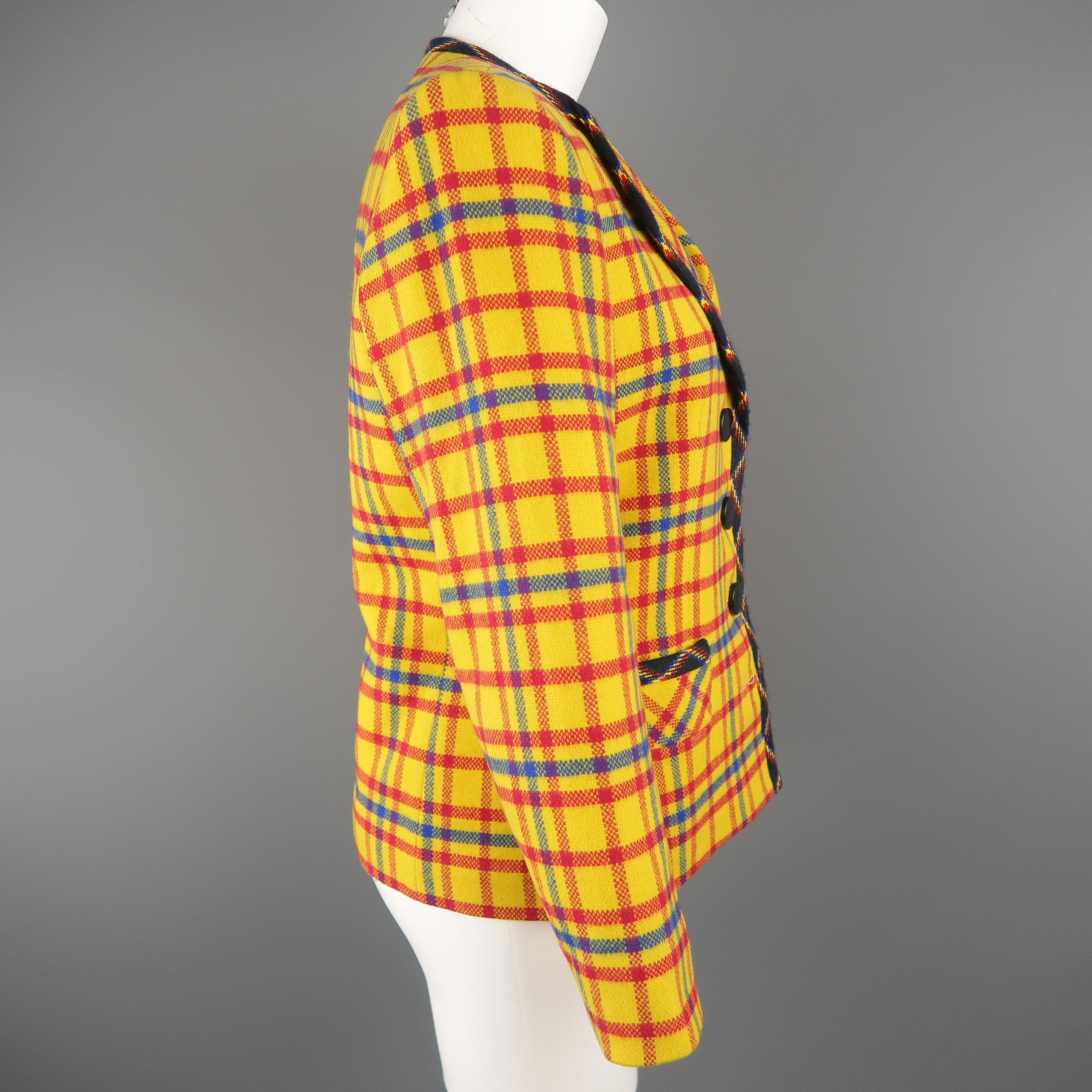 Vintage YVES SAINT LAURENT Size 6 Yellow Red & Blue Plaid Wool Collarless Jacket 1