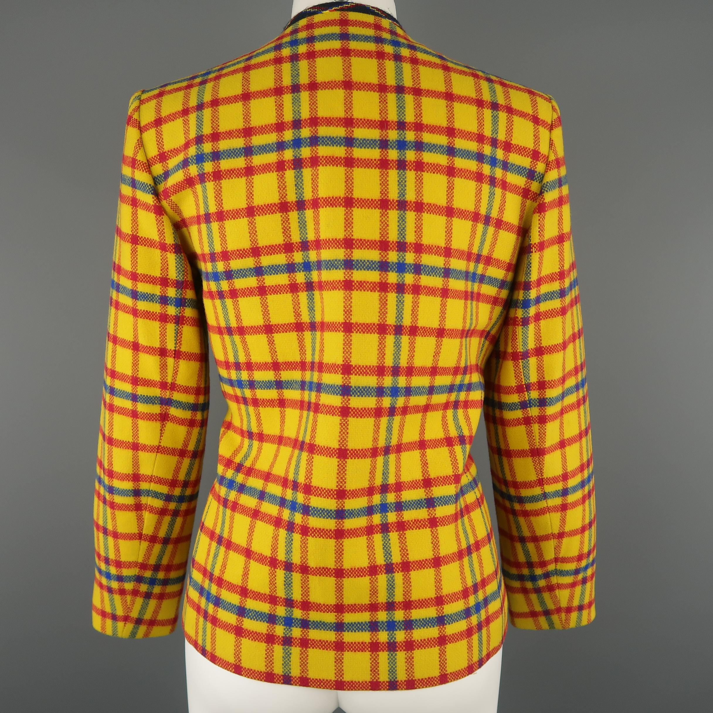 Vintage YVES SAINT LAURENT Size 6 Yellow Red & Blue Plaid Wool Collarless Jacket 2