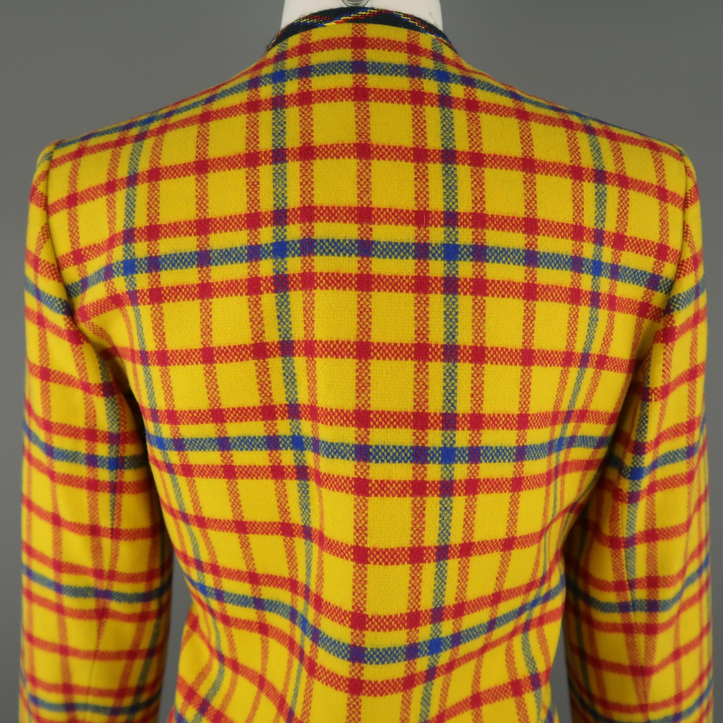 Vintage YVES SAINT LAURENT Size 6 Yellow Red & Blue Plaid Wool Collarless Jacket 3
