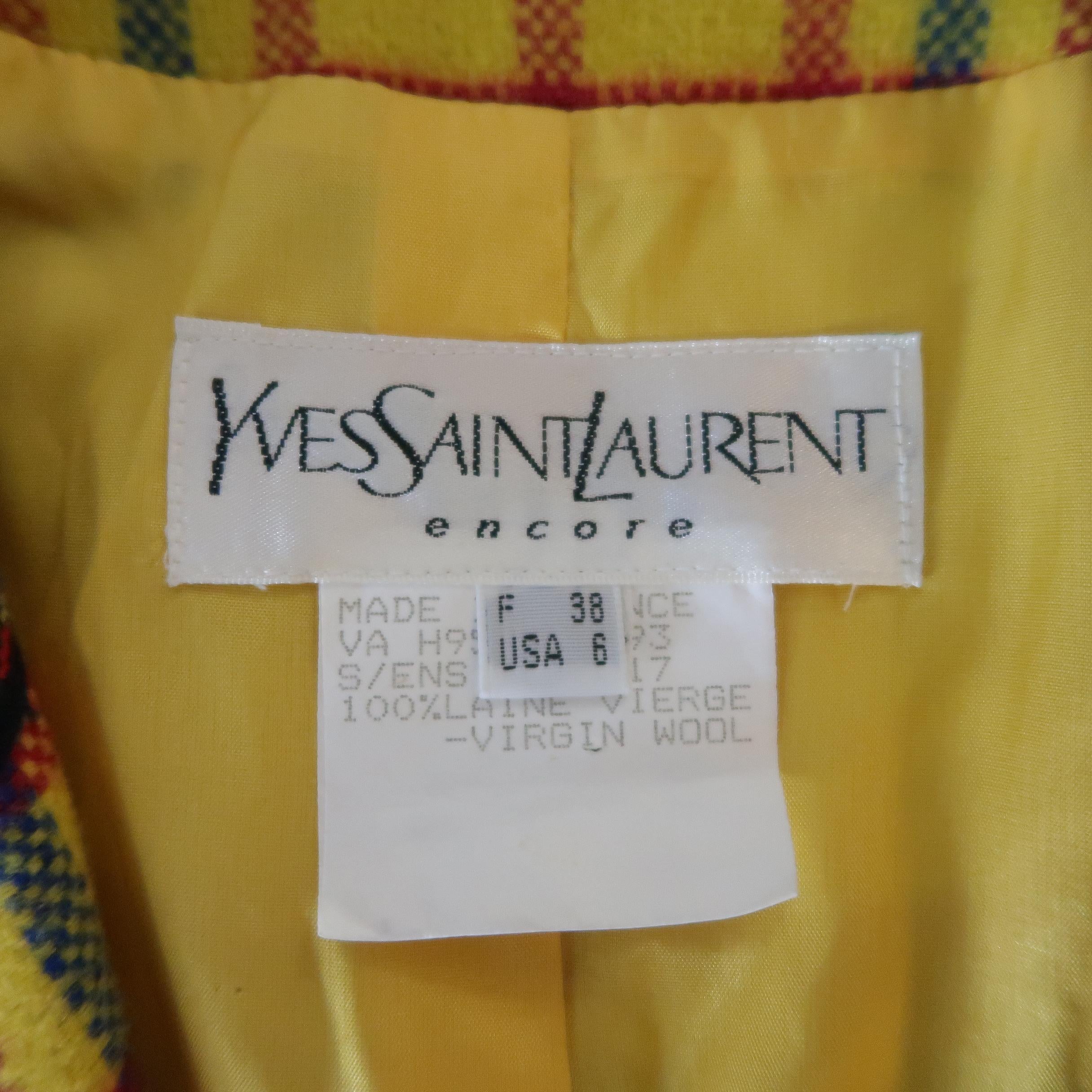 Vintage YVES SAINT LAURENT Size 6 Yellow Red & Blue Plaid Wool Collarless Jacket 4