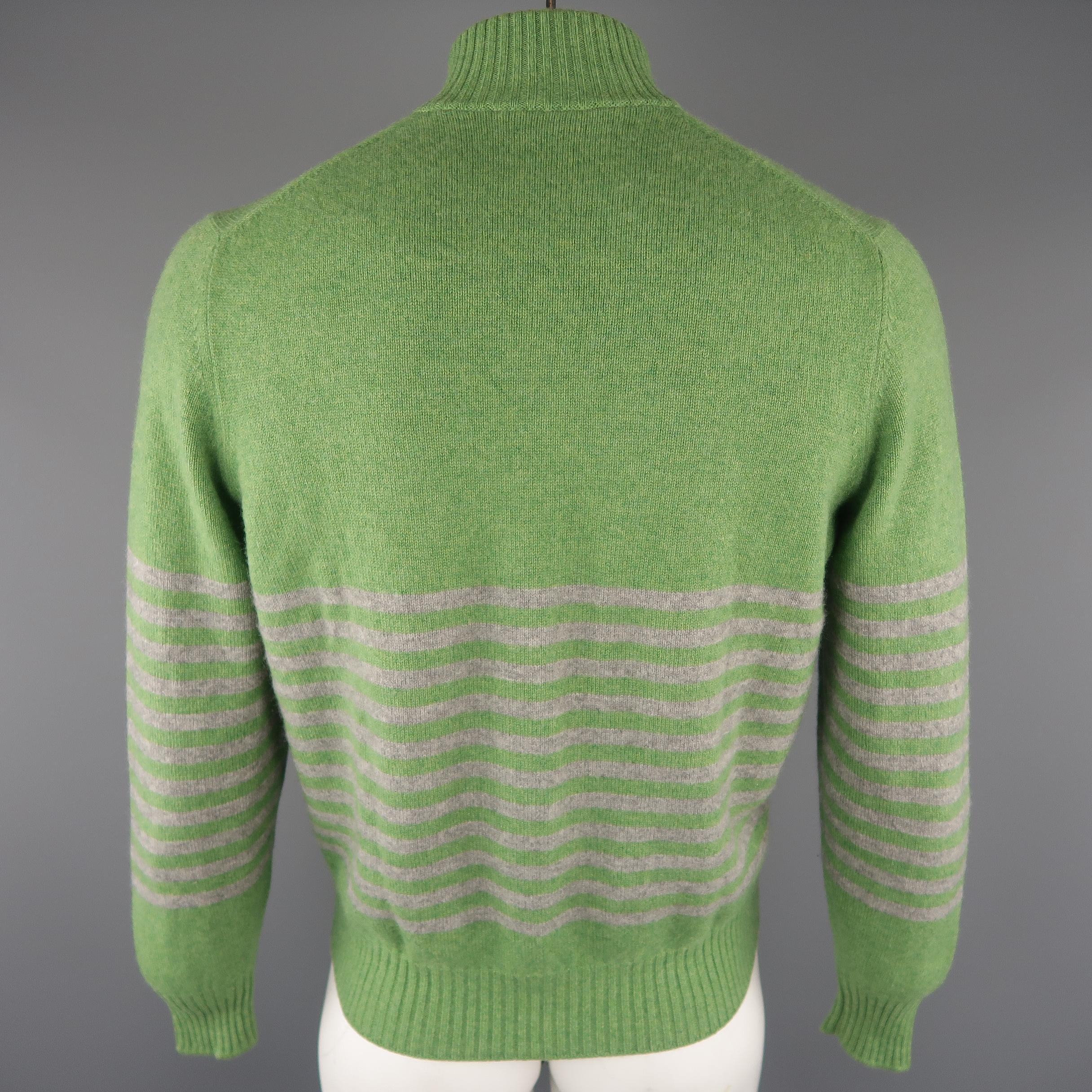 Men's BRUNELLO CUCINELLI Size 40 Green & Grey Stripe Cashmere Sweater