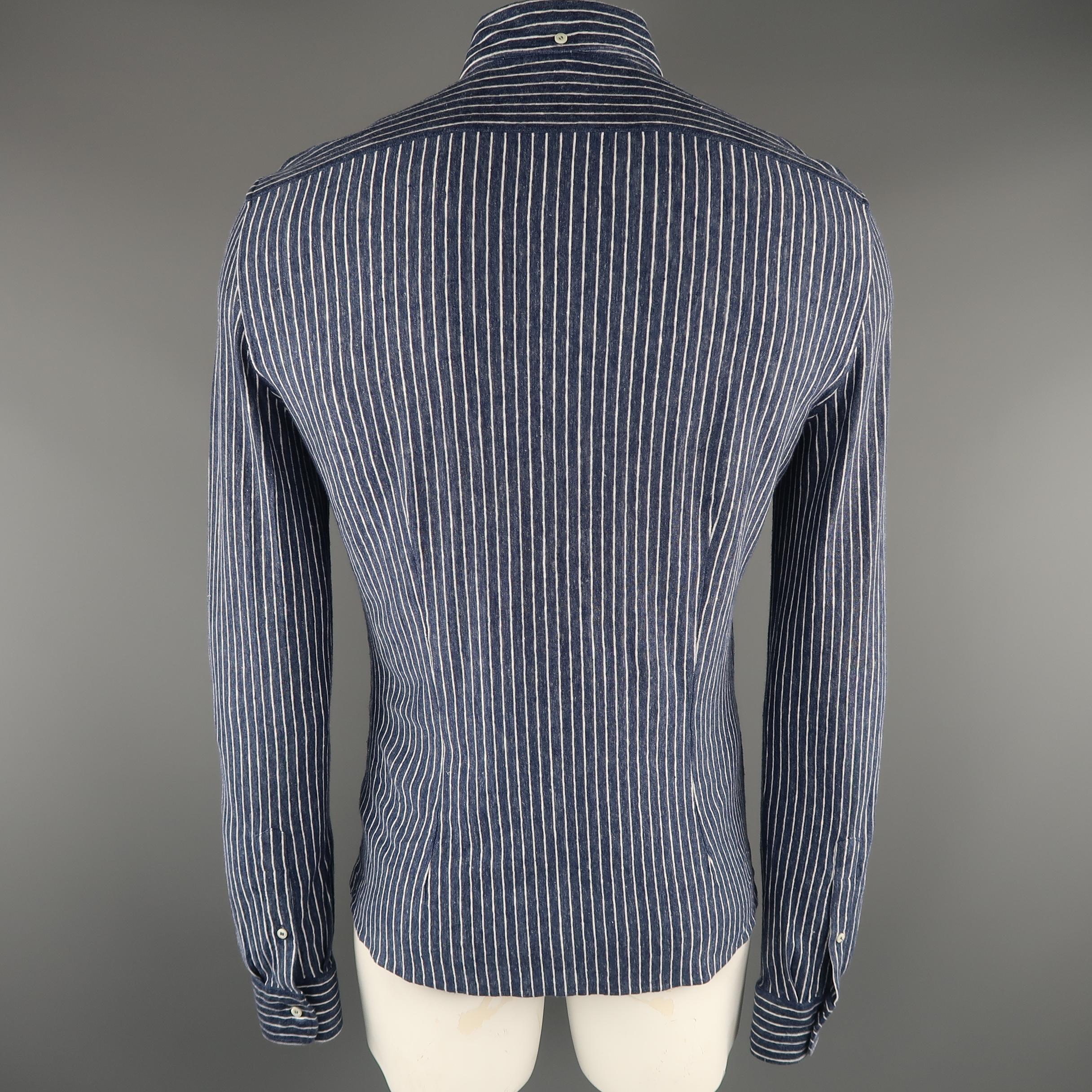 Gray BRUNELLO CUCINELLI Size M Navy & White Stripe Linen Blend Long Sleeve Shirt