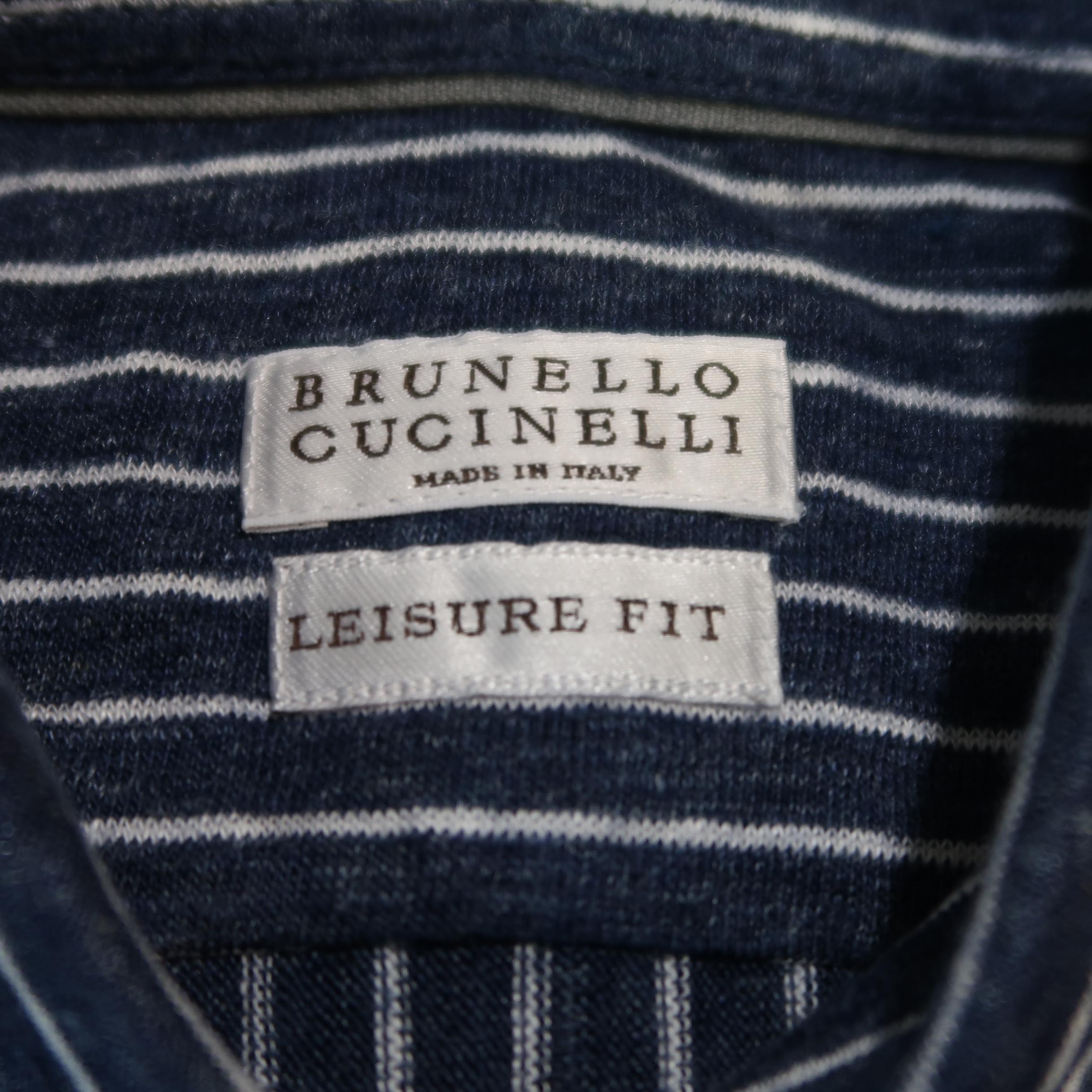 BRUNELLO CUCINELLI Size M Navy & White Stripe Linen Blend Long Sleeve Shirt 2