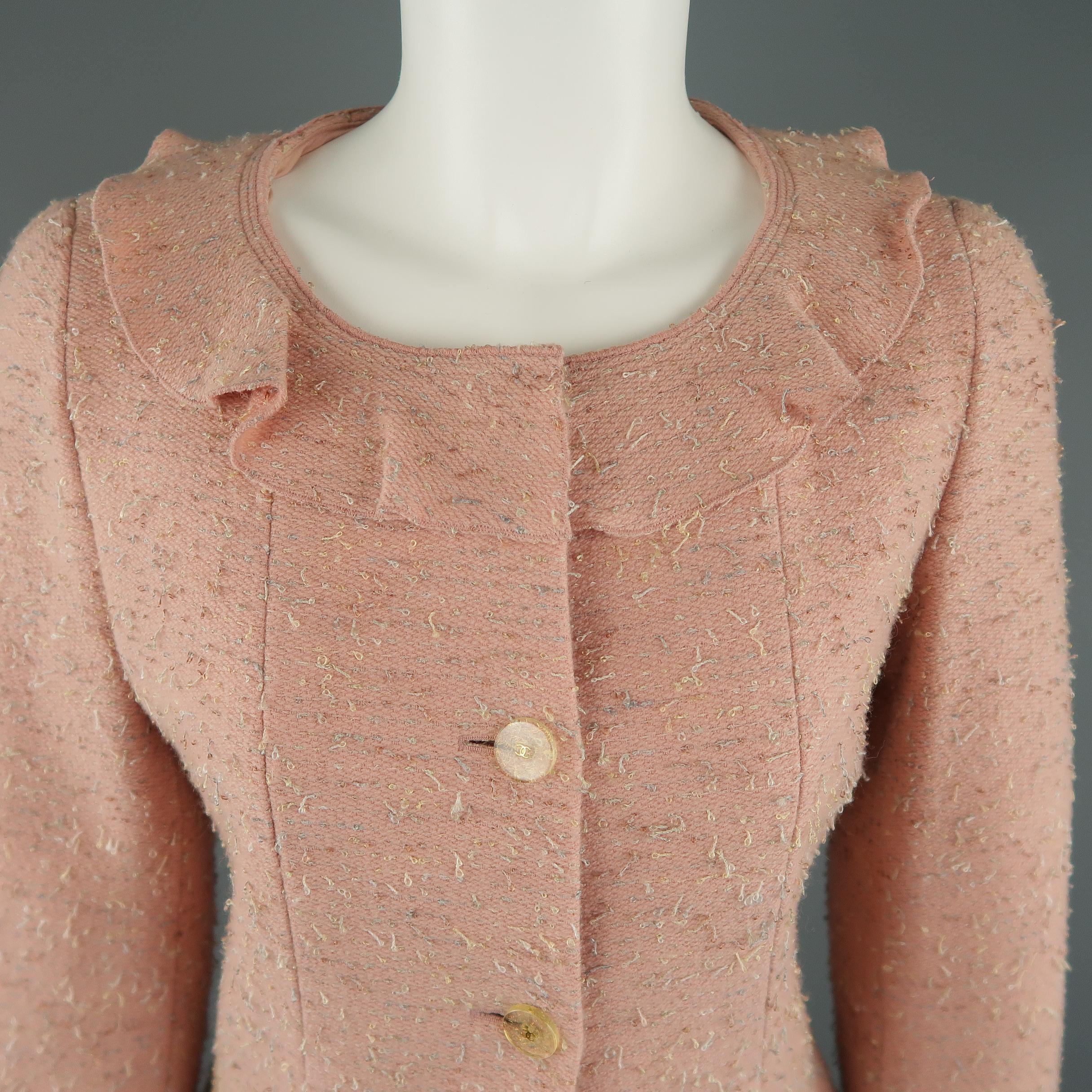 Beige CHANEL Size 4 Pink Textured Tweed Ruffle A/ W 1999 Skirt Suit