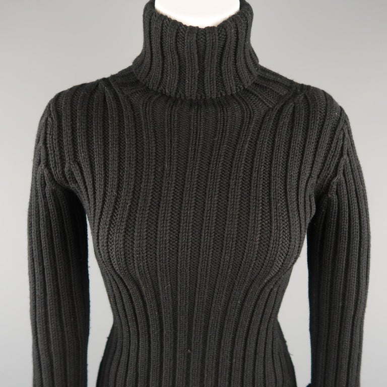 YOHJI YAMAMOTO Size L Black Ribbed Wool Cuffed Turtleneck Sweater at ...