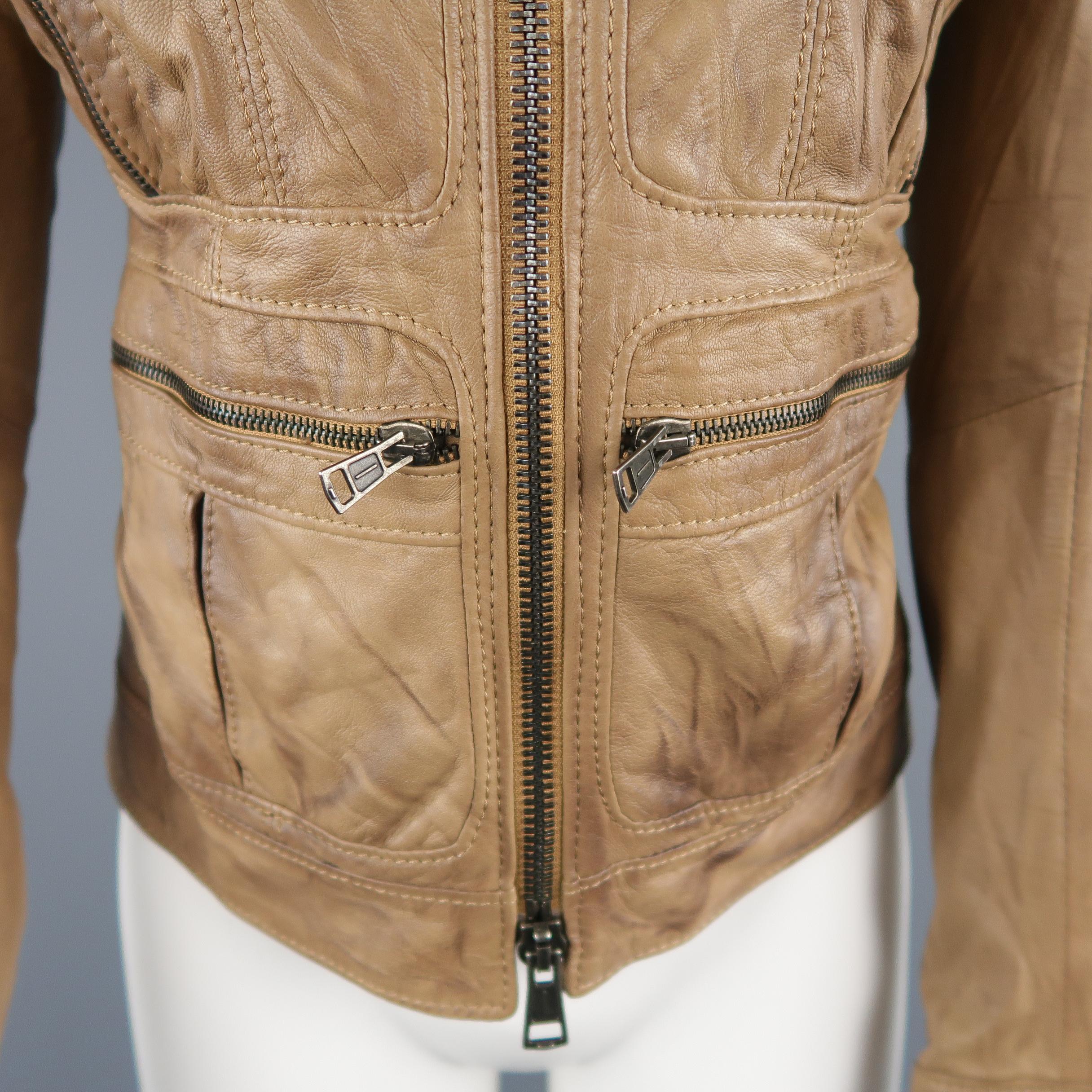 S.W.O.R.D Size XS Tan Distressed Leather Zip Jacket In Excellent Condition In San Francisco, CA