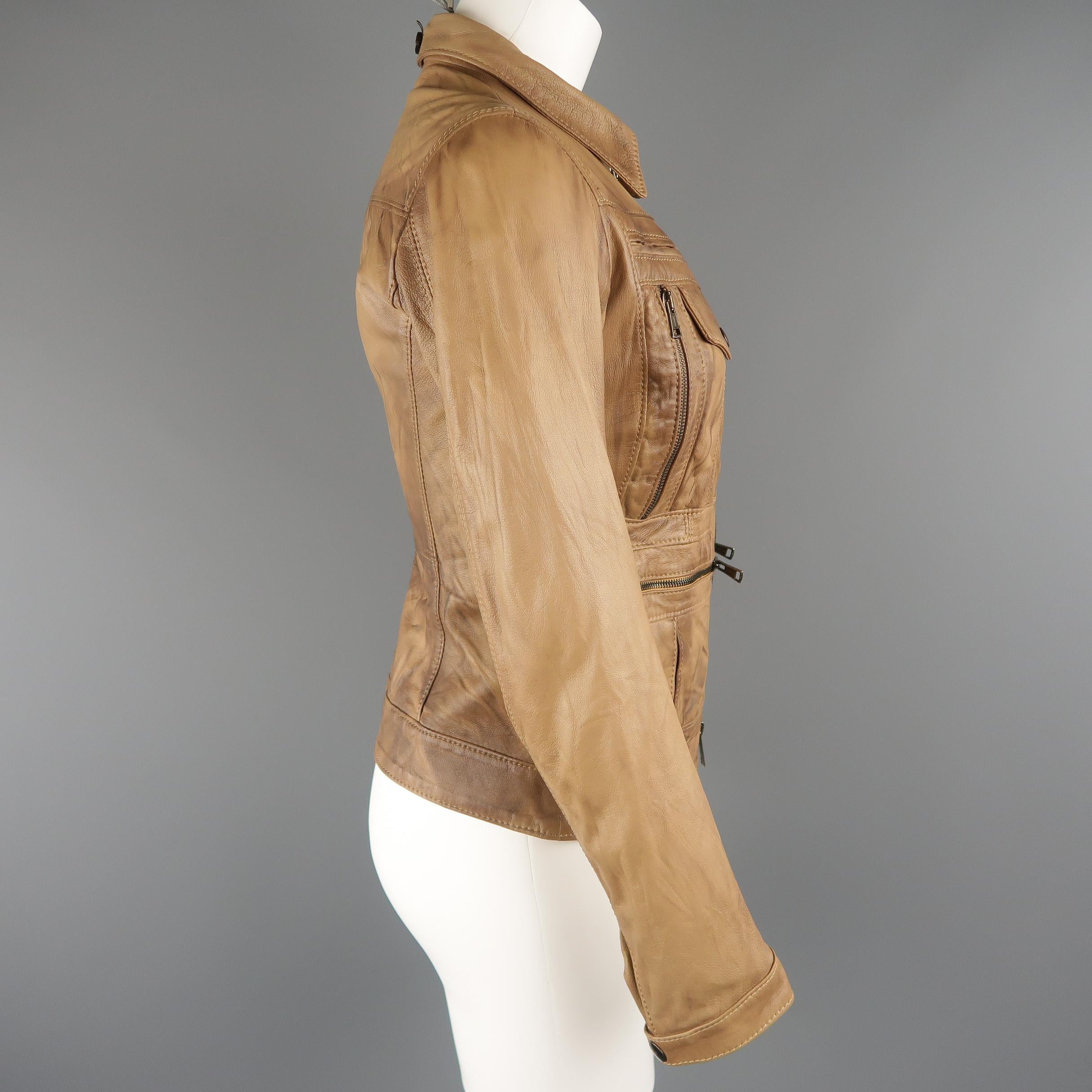 S.W.O.R.D Size XS Tan Distressed Leather Zip Jacket 1