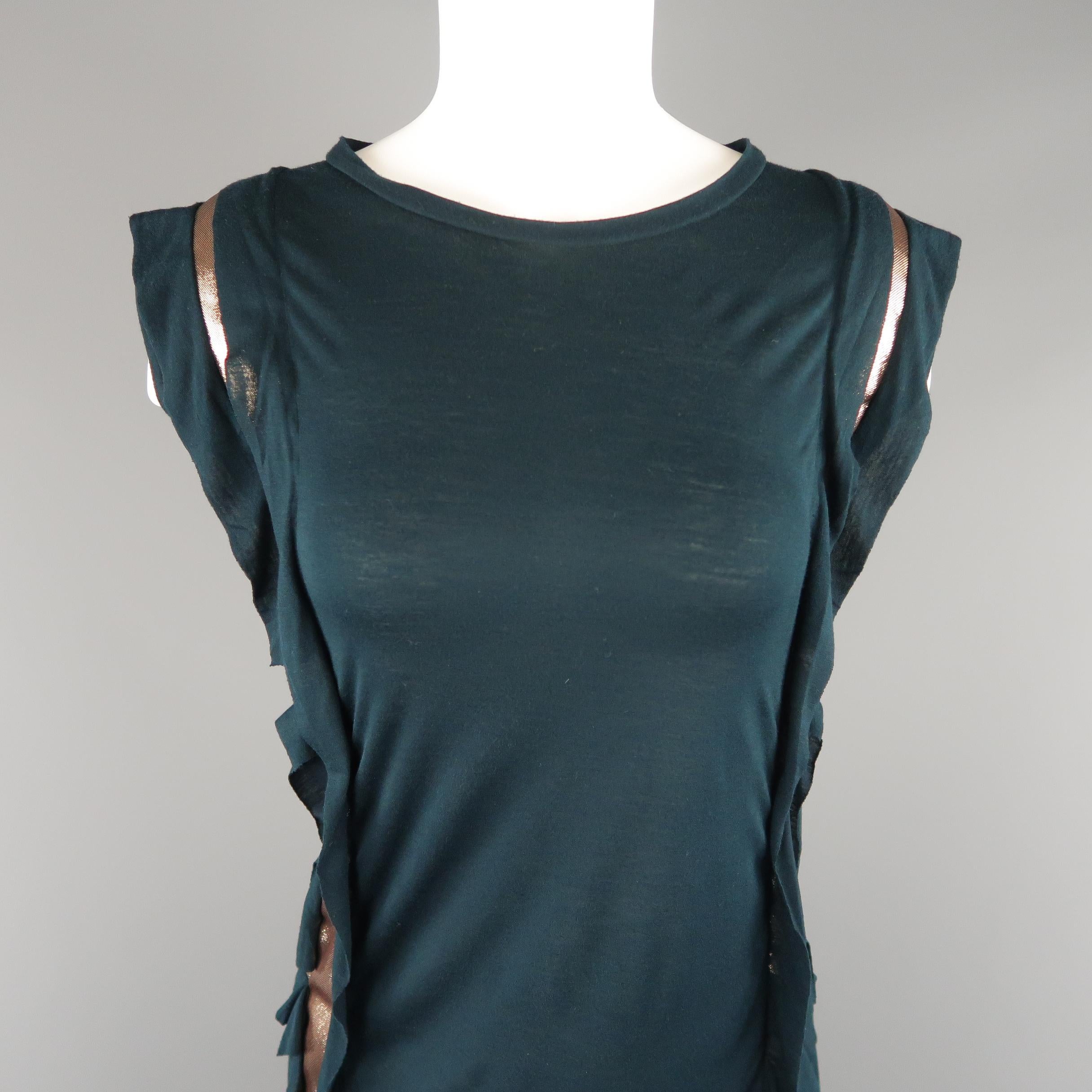 LANVIN shift dress comes in forest green sheer jersey with a scoop neck, metallic gold ribbon trim and ruffled sides.
 
New with Tags. Retails: $1,180.00.
Marked: XL
 
Measurements:
 
Shoulder: 17 in.
Bust: 44 in.
Waist: 42 in.
Hip: 46 in.
Length:
