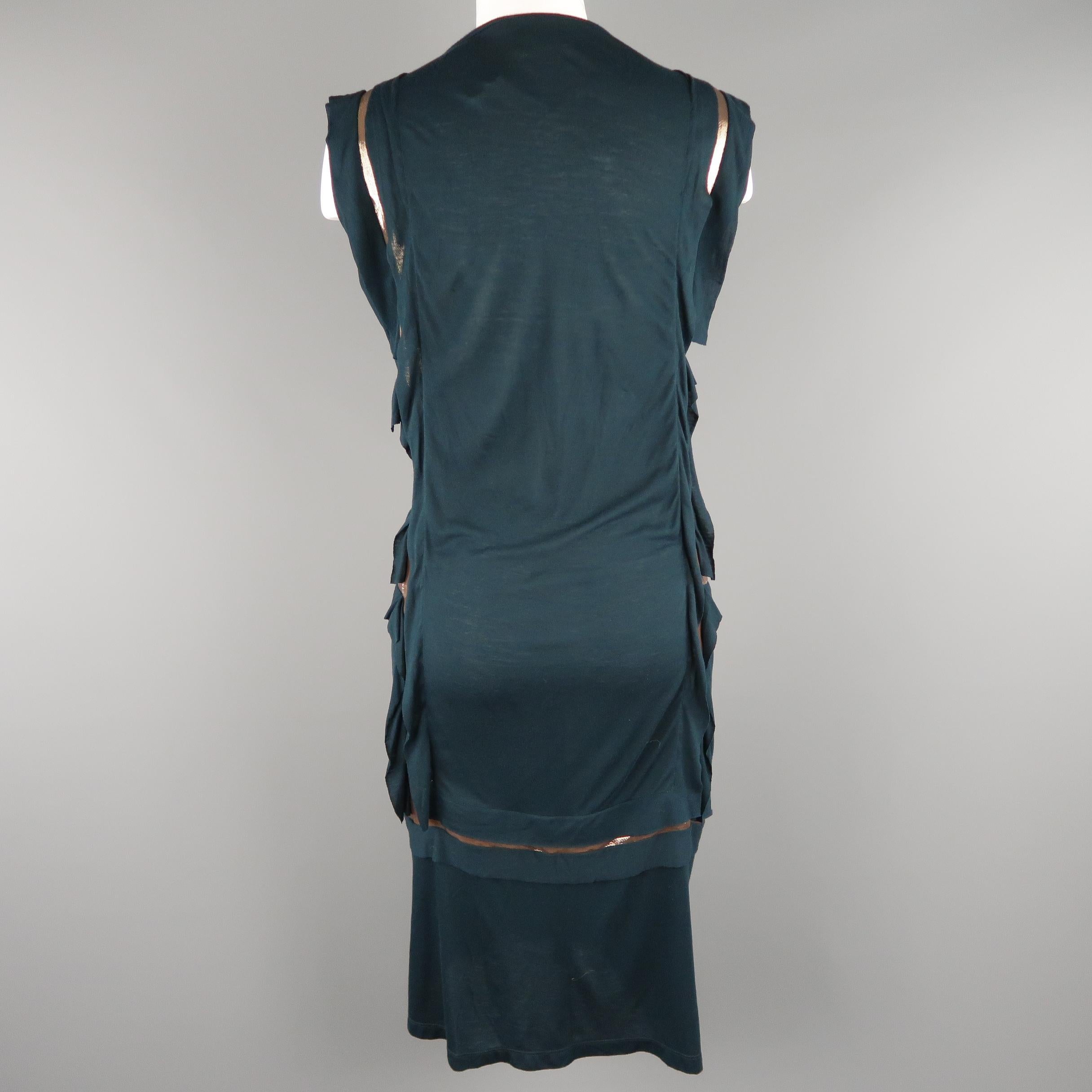 Women's LANVIN Size XL Forest Green Jersey Gold Ruffle Trimmed Sleeveless Dress