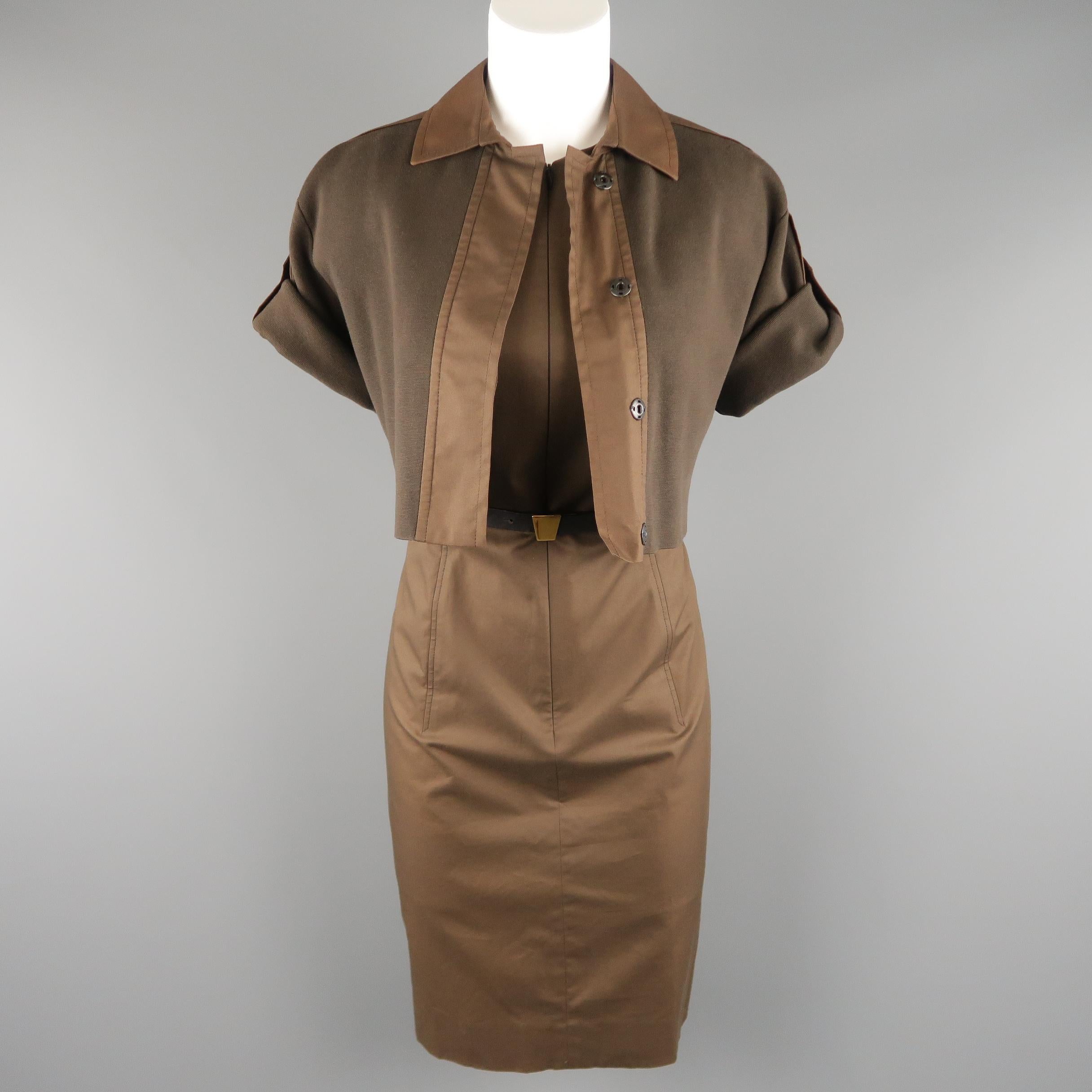 AKRIS ensemble includes a brown cotton sleeveless shift dress with stretch panels and leather belted waist with a knit rolled short sleeve safari style jacket.
 
Excellent Pre-Owned Condition.
Marked: 8
 
Measurements:
 
-Dress:
Shoulder: 13