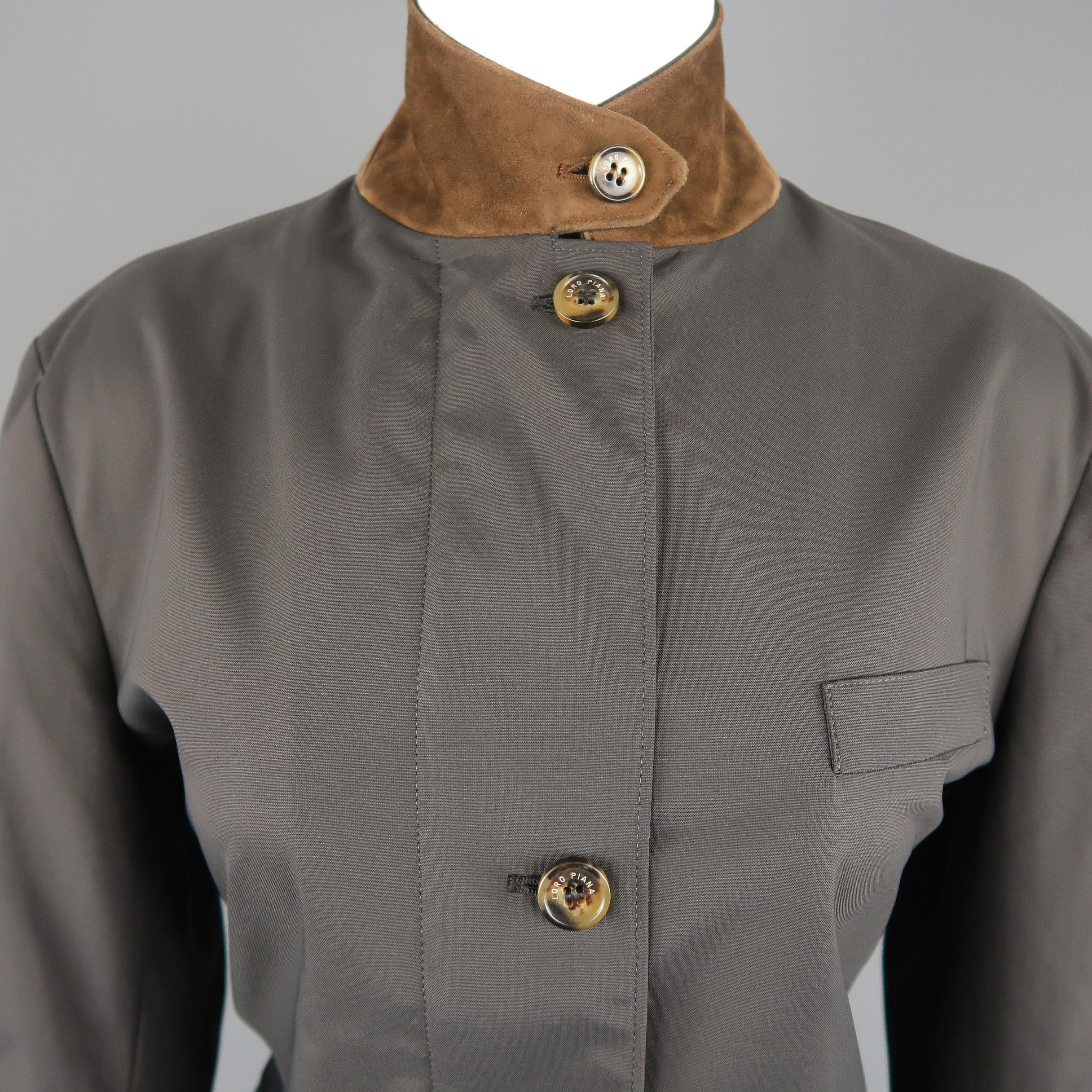 Black LORO PIANA Size 8 Charcoal Nylon Suede Trim Patch Pocket Coat Jacket