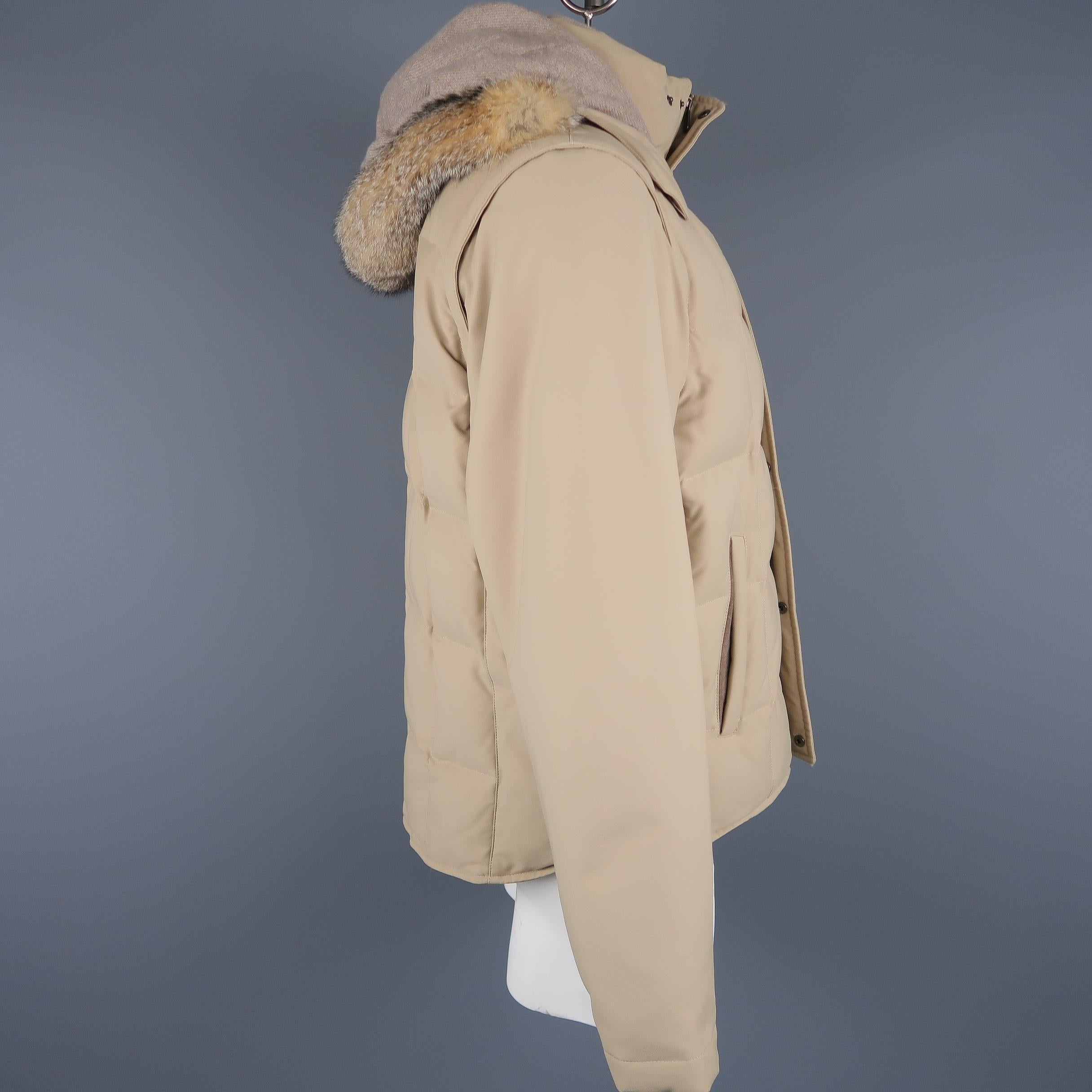 Men's LORO PIANA Jacket - 44 Khaki Quilted Nylon Detachable Fur Hood Down Puff