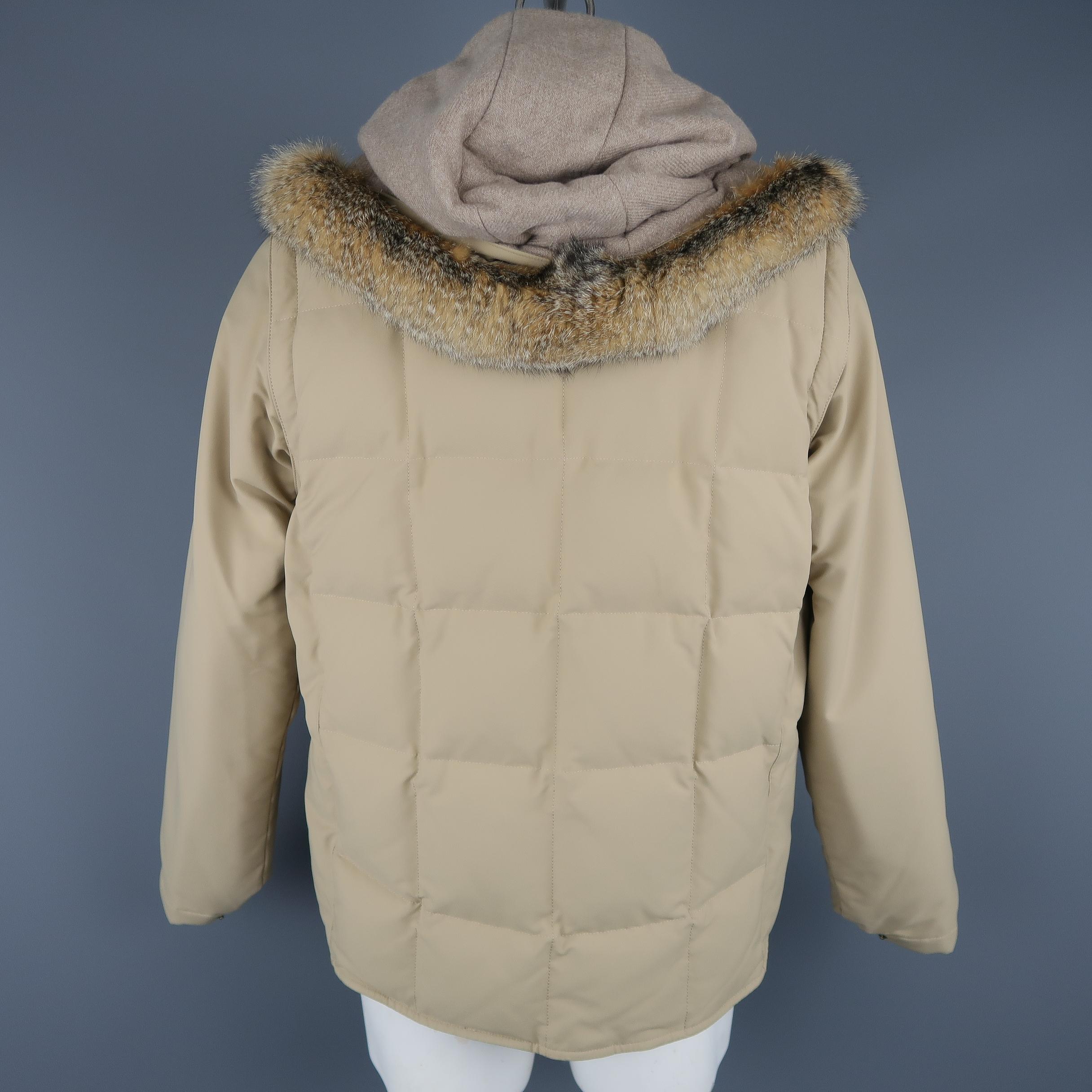 LORO PIANA Jacket - 44 Khaki Quilted Nylon Detachable Fur Hood Down Puff 1