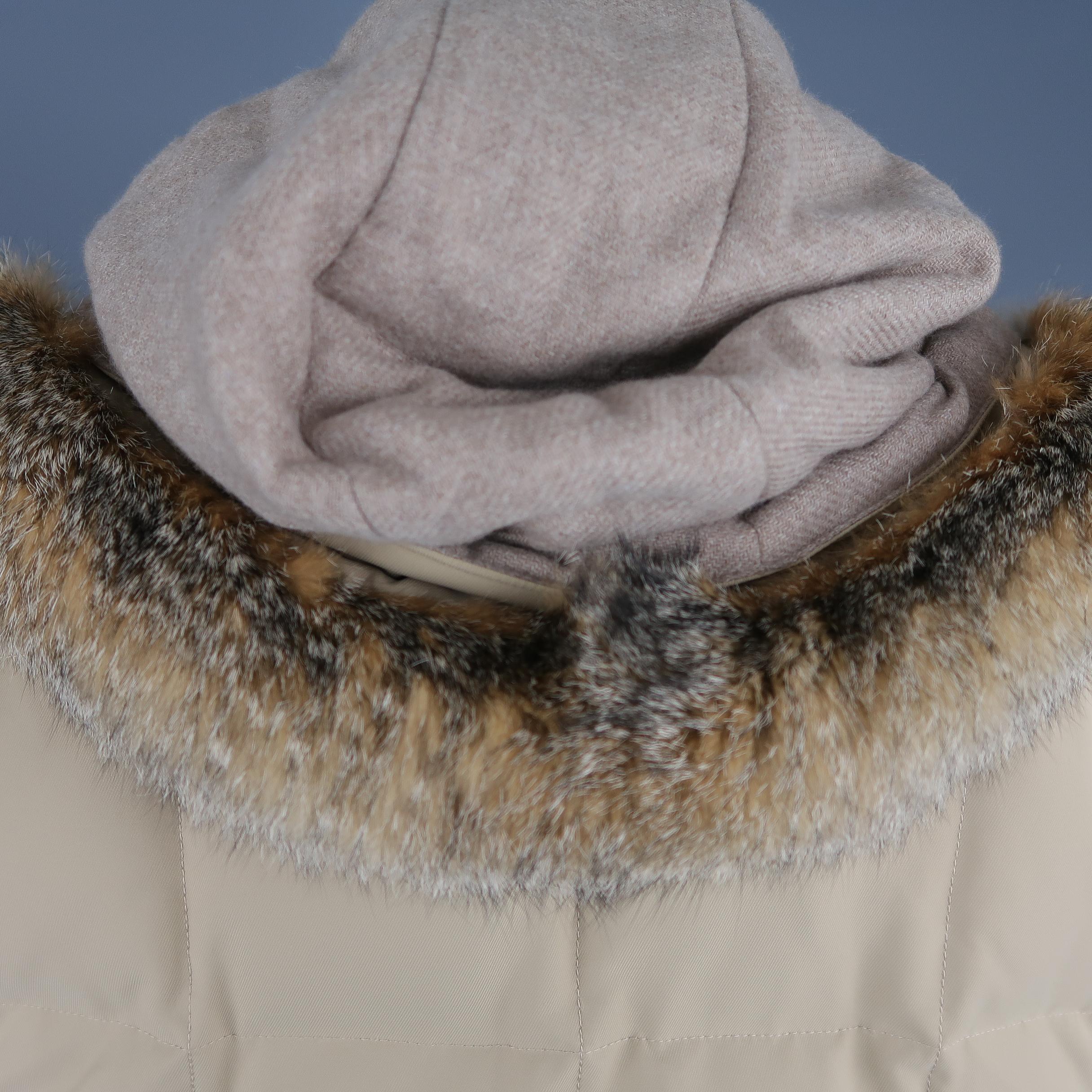 LORO PIANA Jacket - 44 Khaki Quilted Nylon Detachable Fur Hood Down Puff 2