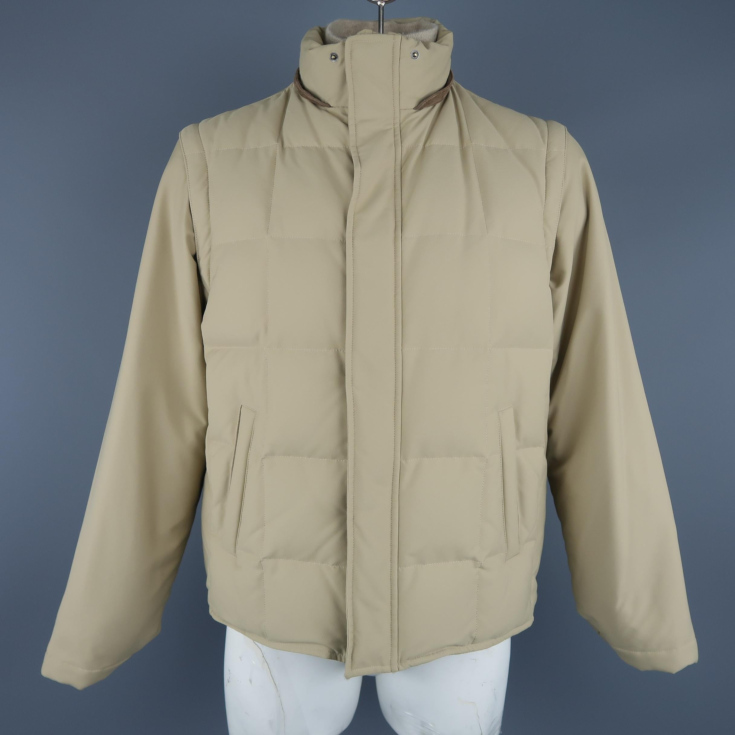 LORO PIANA Jacket - 44 Khaki Quilted Nylon Detachable Fur Hood Down Puff 3