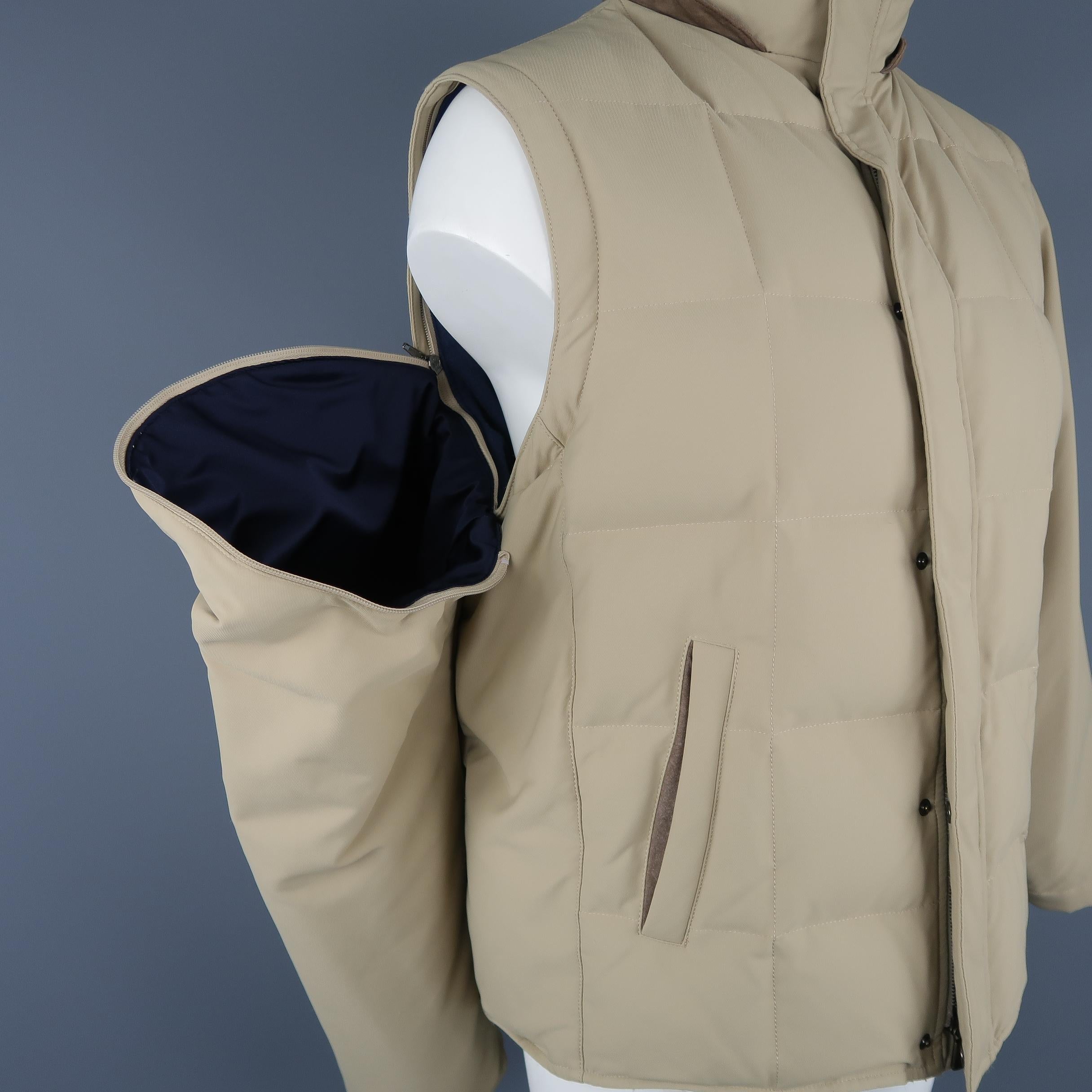 LORO PIANA Jacket - 44 Khaki Quilted Nylon Detachable Fur Hood Down Puff 4